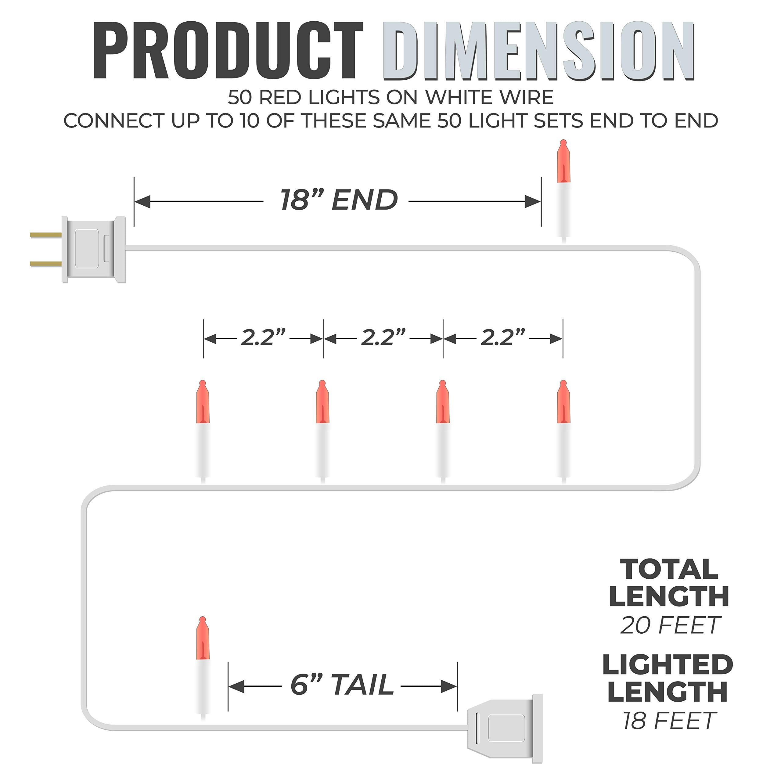 612 Vermont 50 Red Christmas Lights on a White Wire String, UL Approved, Indoor and Outdoor Use, 9 Foot of Lighted Length, 11 Fo