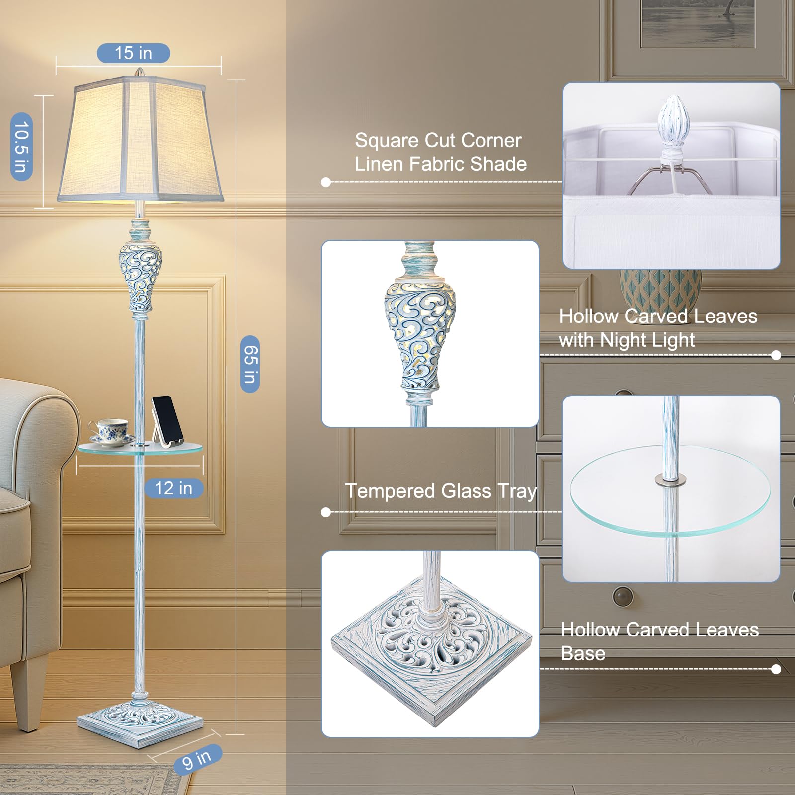 Vintage Floor Lamp With Night Light And Glass Tray, 65'' High Retro Standing Lamp With Washed Blue Finish And White Linen Shade,