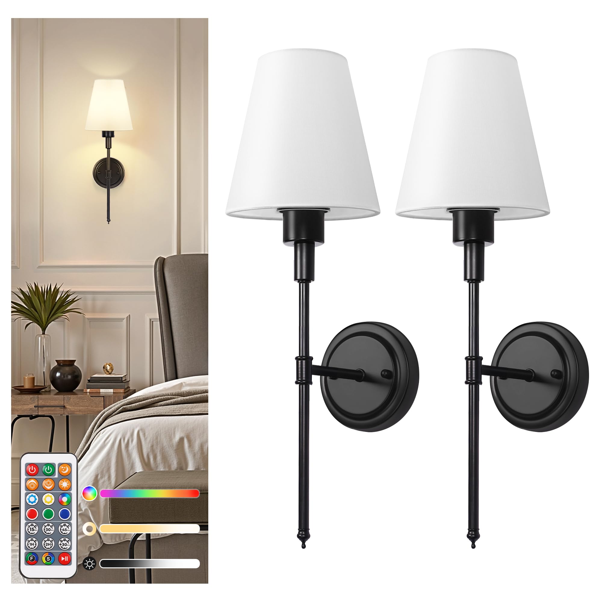 DORESshop Battery Operated Wall Sconce Set of 2  Wall Light Wireless Easy to Install  Dimmable and Adjustable Sconces Wall Decor  Rechargeable Wall Lamp for Bedroom  Living Room  Black 20.7in