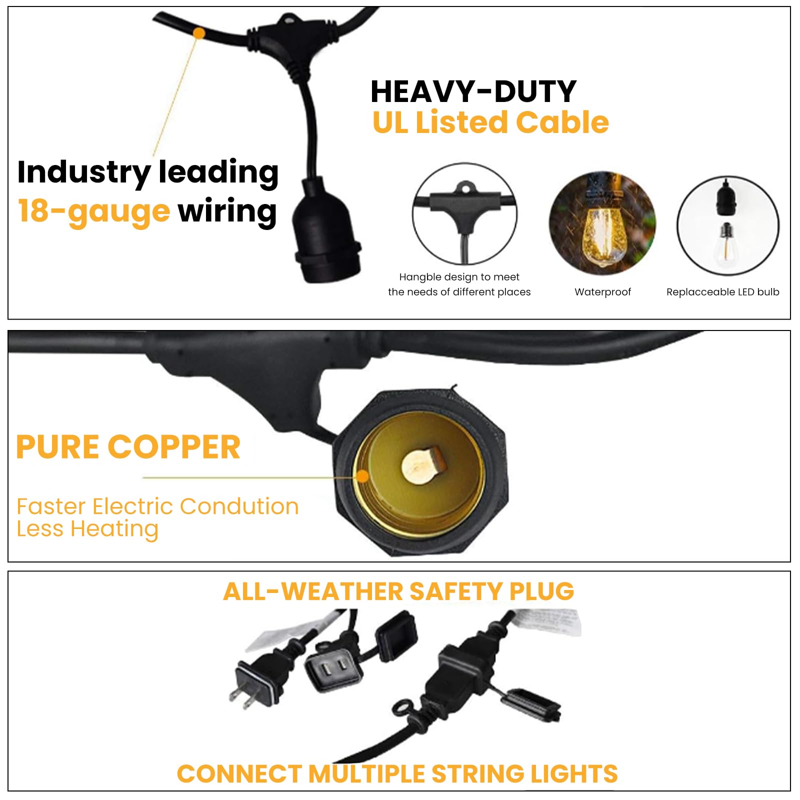 Svater Outdoor String Lights, 96FT, 32 Antique S14 LED Bulbs, IP65 Waterproof, Dimmable Warm White, Black, Model US048015-TS18B1-S