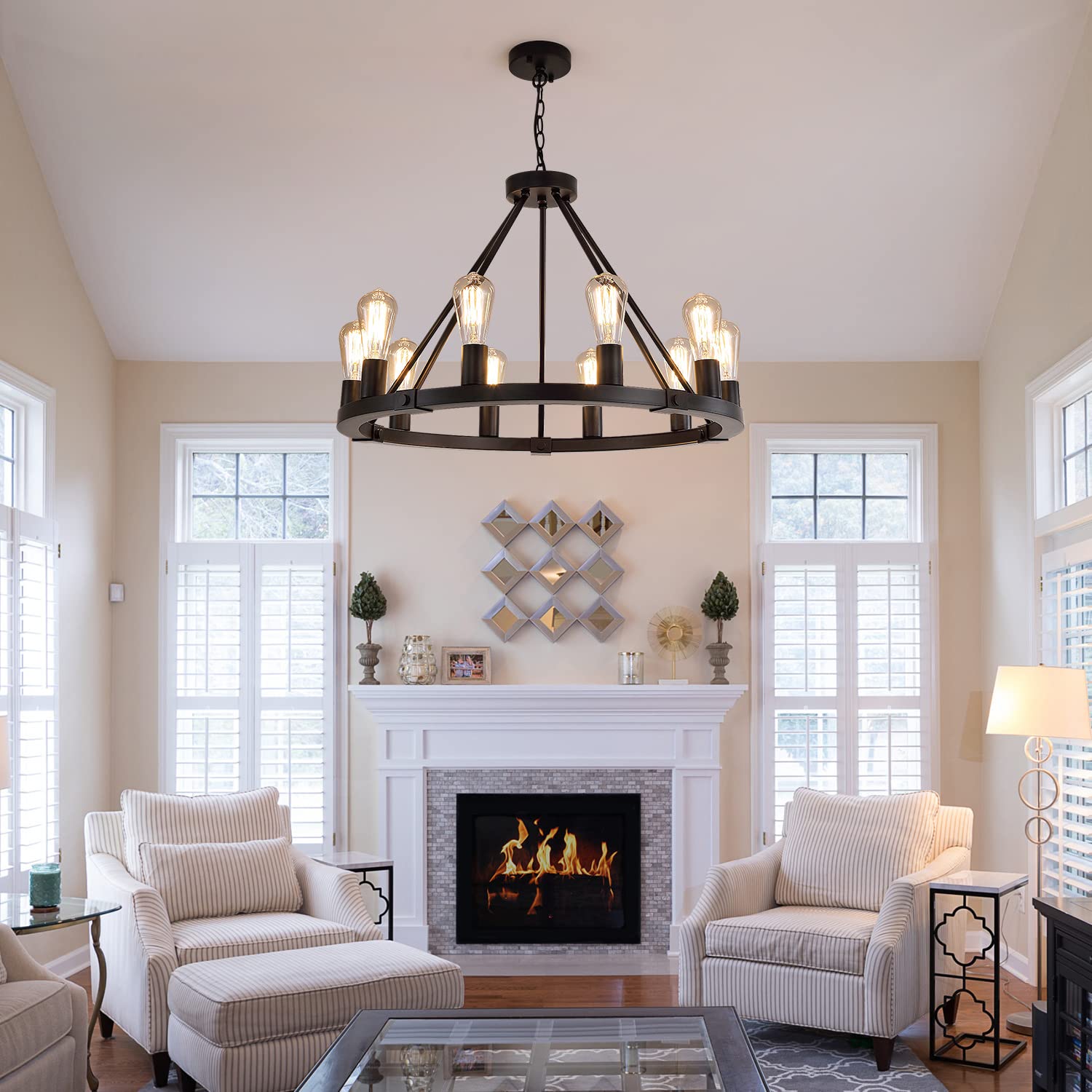 9MMML 10-Light Wagon Wheel Chandelier, Matte Black Iron Pendant Light, Dia 26.4", Adjustable Height, Model 8013P10BK
