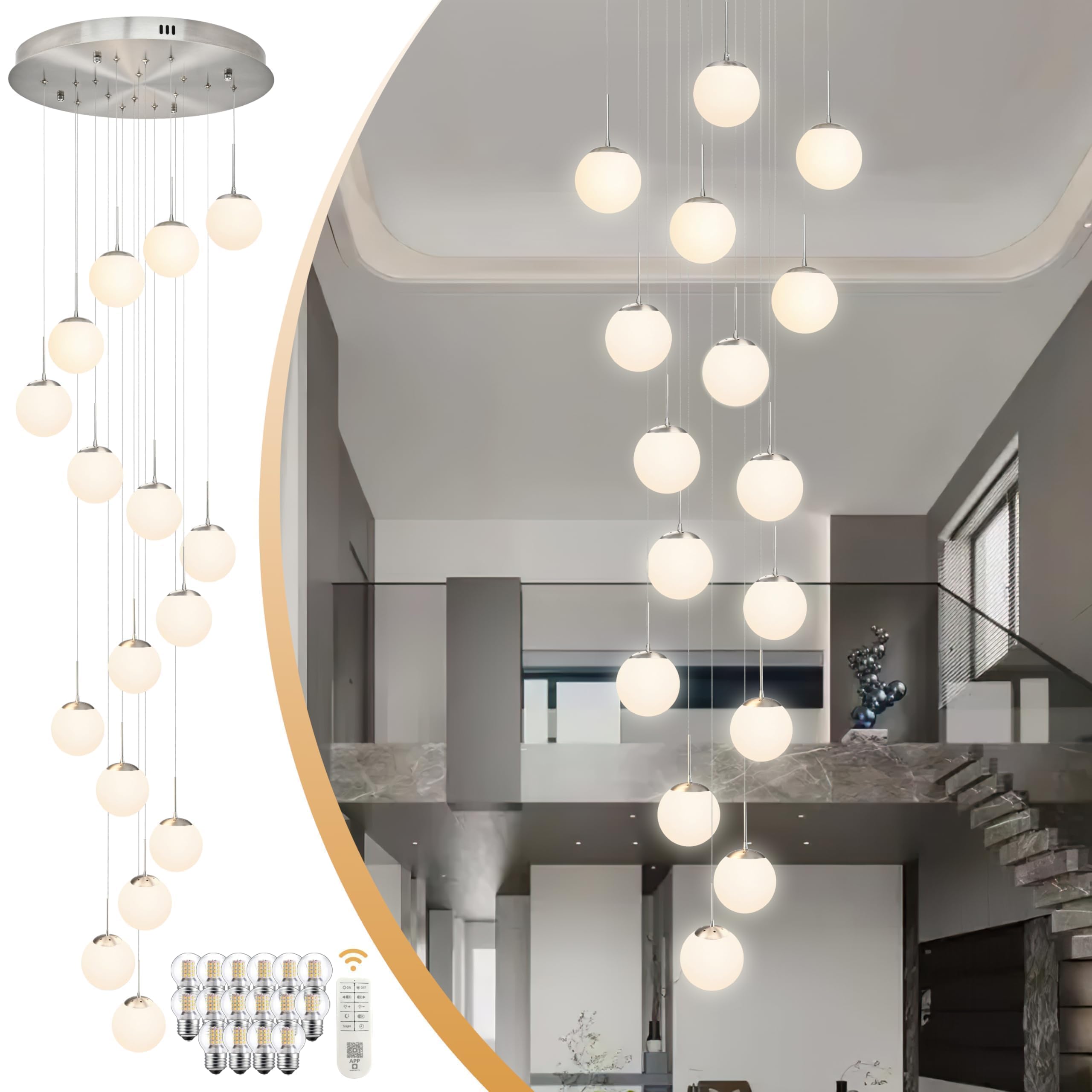 Koko&Yukina 16-Light Nickel Mid Century Modern Chandelier For Living Room Staircase Chandelier For Entryway Globe Milky White Gl