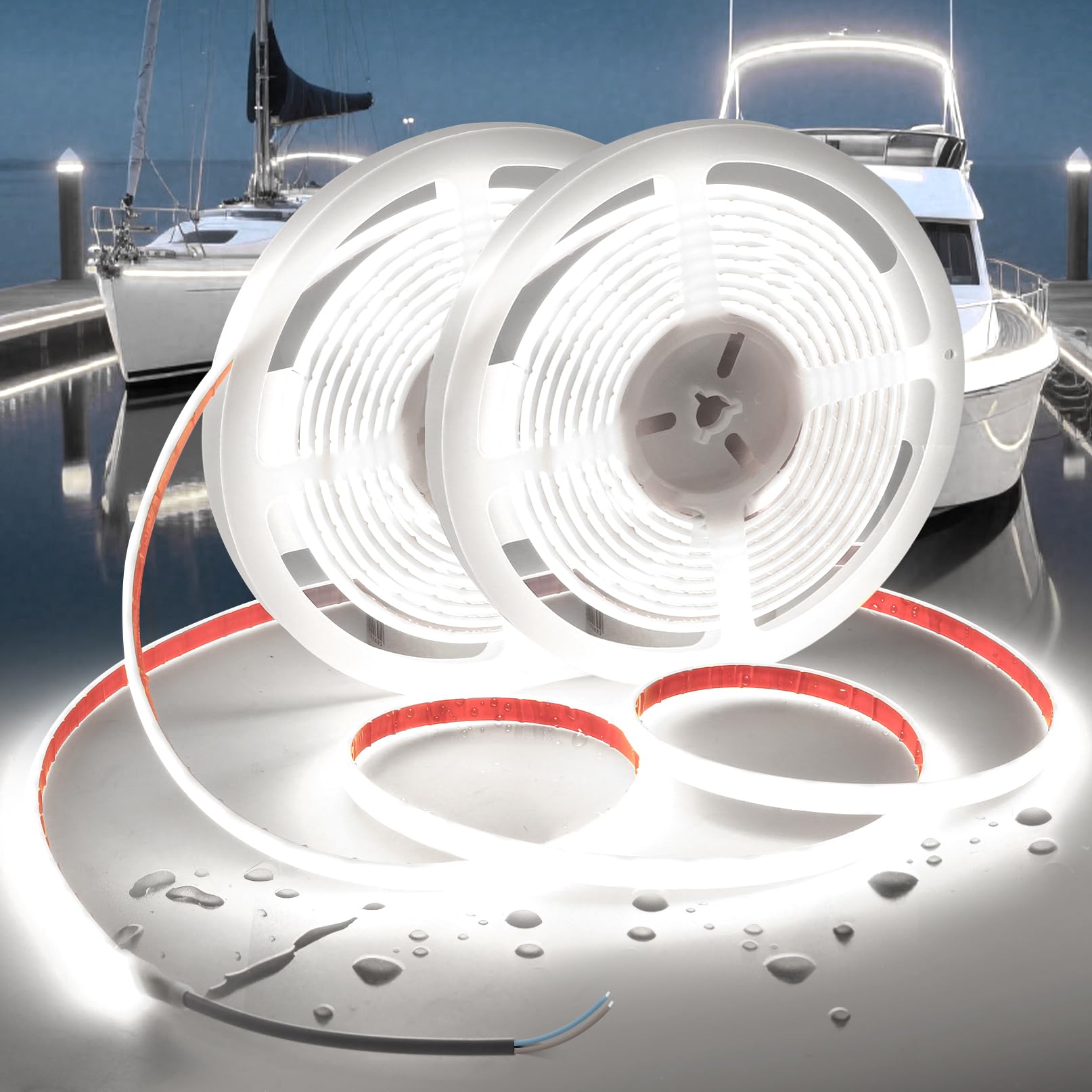 VOEWT COB LED Band Lights Daylight White 6000K 12V 32.8ft IP67 Waterproof High CRI 95Ra+ Super Bright Flexible Boat Lights for Fishing Night Outdoor Bathroom Swimming Pool(Power Supply Not Included)