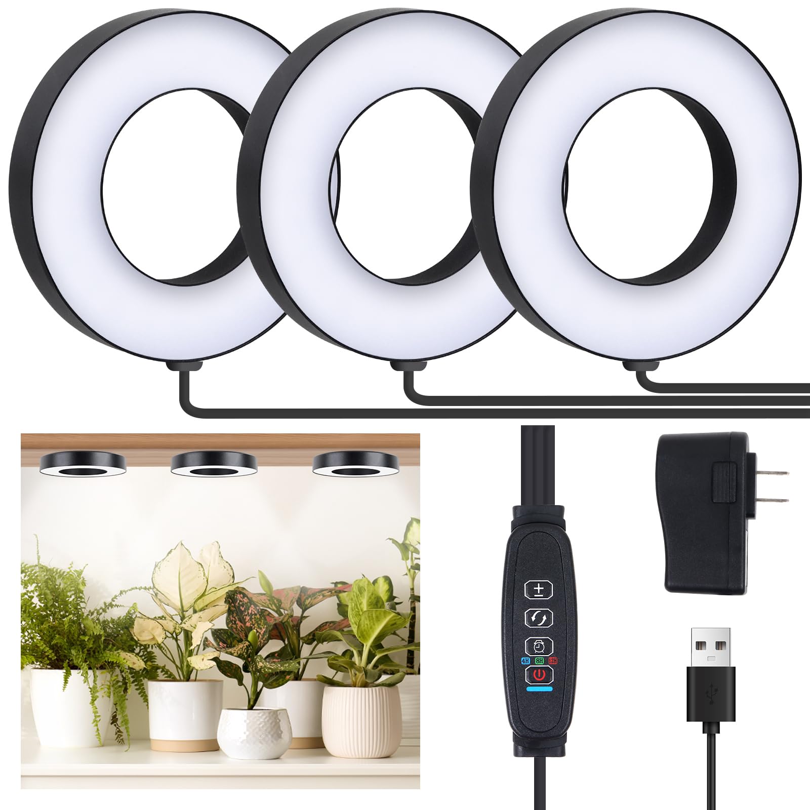 Aopeids 144 Led Grow Lights For Indoor Plants Full Spectrum 5000K, Upgraded 3 Lighting Modes, Plant Light With Auto On/Off Timer 4/8/12H, Halo Small Grow Light 10-Level Dimmable (Black, Tri Head)