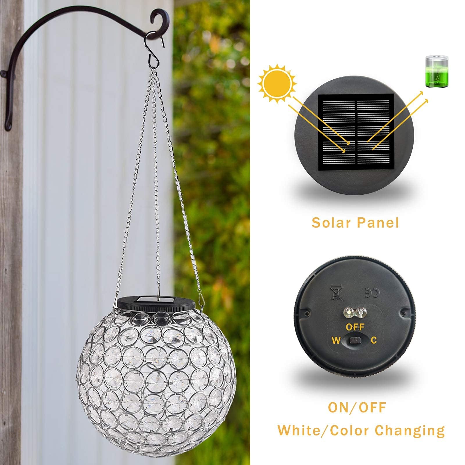 Solar Lantern Hanging Outdoor Christmas Decorative, Dual Leds Dia 7.5‘’ Color Changing And Cool White Crystal Globe Hanging Lights Waterproof With S Hooks Decor In Garden, Pathway, Front Door-Clear