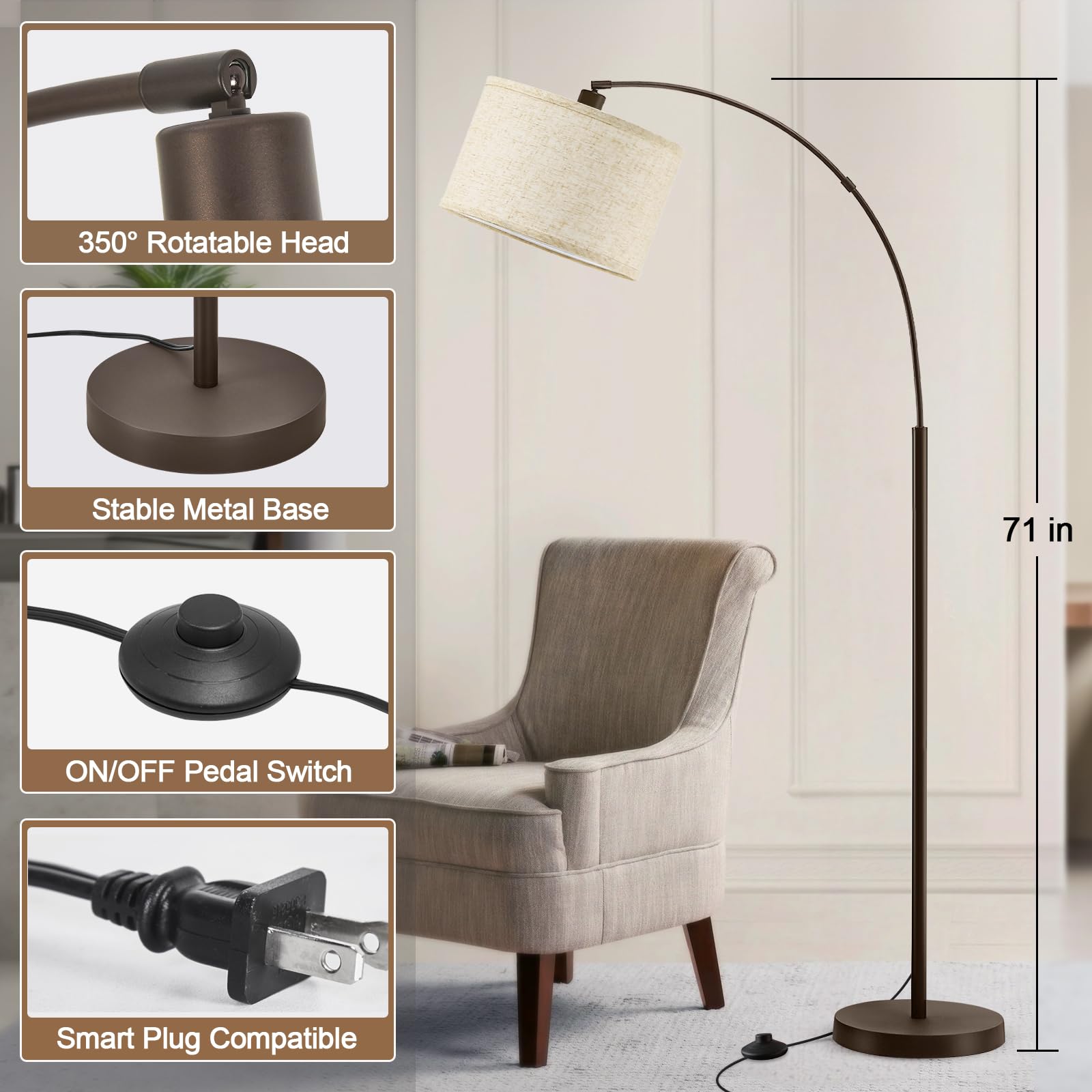 Luvkczc 71'' Arc Floor Lamp For Living Room, Vintage Floor Lamp With Adjustable Lamp Head, Tall Pole Lamp With Foot Pedal Switch