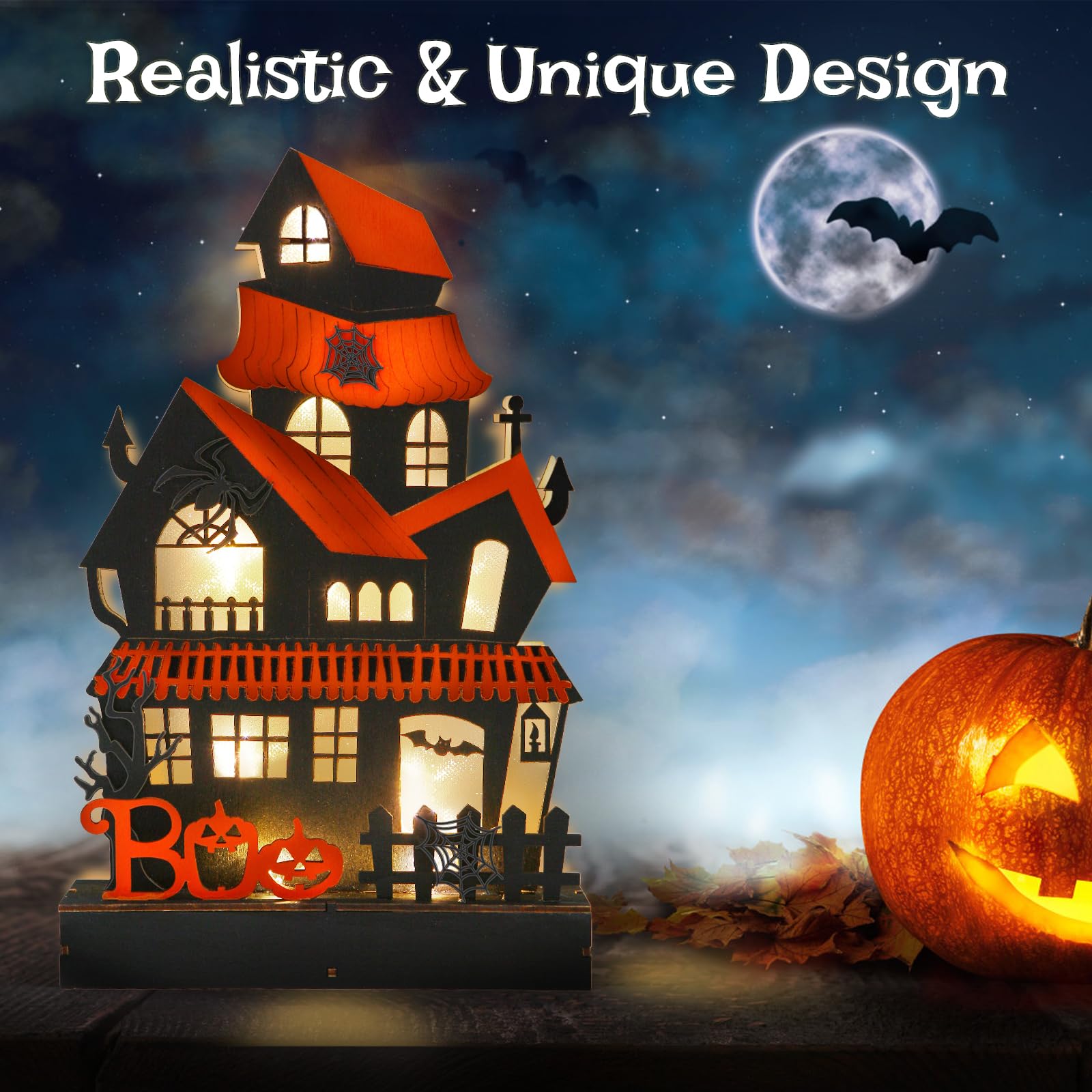 Halloween Decorations Indoor Haunted House Lights, Wooden Halloween Tabletop Decoration For Home, Battery Operated Light Up Halloween Decor For Desk Table Fireplace Room Halloween Party Decoration