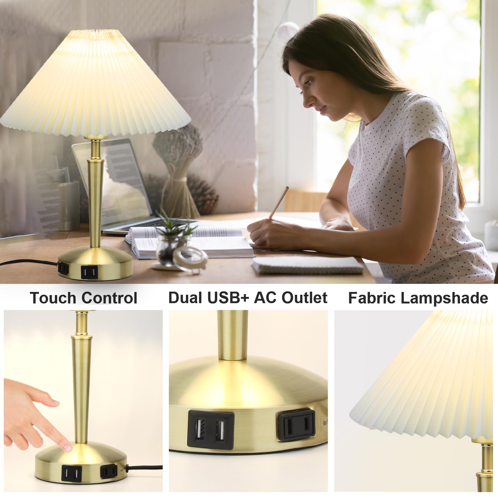 Touch Bedside Table Lamp - Modern Small Lamp For Bedroom Living Room Nightstand, Desk Lamp With Fabric Lamp Shade, Warm Led Bulb