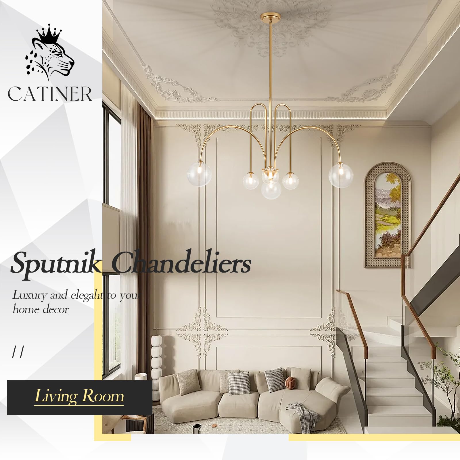 Catiner Gold Sputnik Chandelier,6 Lights Large Modern Chandelier L40”Mid Century Long Ceiling Pendant Light Fixtures For Dining Room With Clear Glass Globe Shades For High Ceiling Foyer Living Room