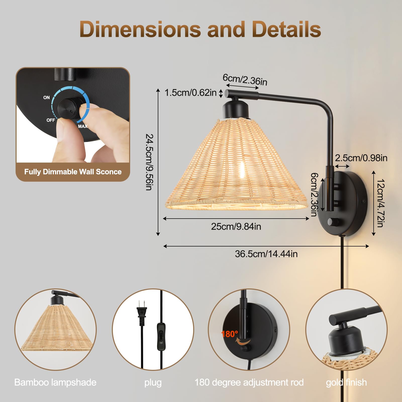 Weaboopre Rattan Plug In Wall Sconce Set Of 2  Black Wall Lamps With Plug In Cord And Dimmer  Hand Woven Wicker Sconces Swing Arm Wall Mount Light Fixture Beside Lighting For Bedroom  Living Room