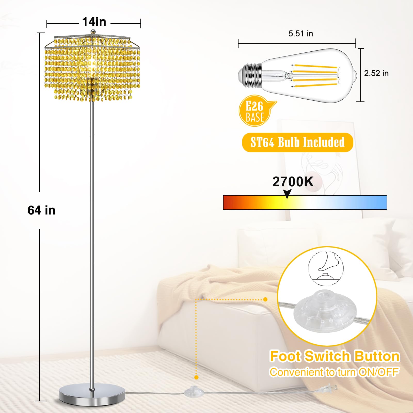 Luvkczc Crystal Floor Lamp Yellow, 64'' Tall Elegant Standing Lamp With On-Off Foot Switch, Double-Layer Lampshade, Standing Lam