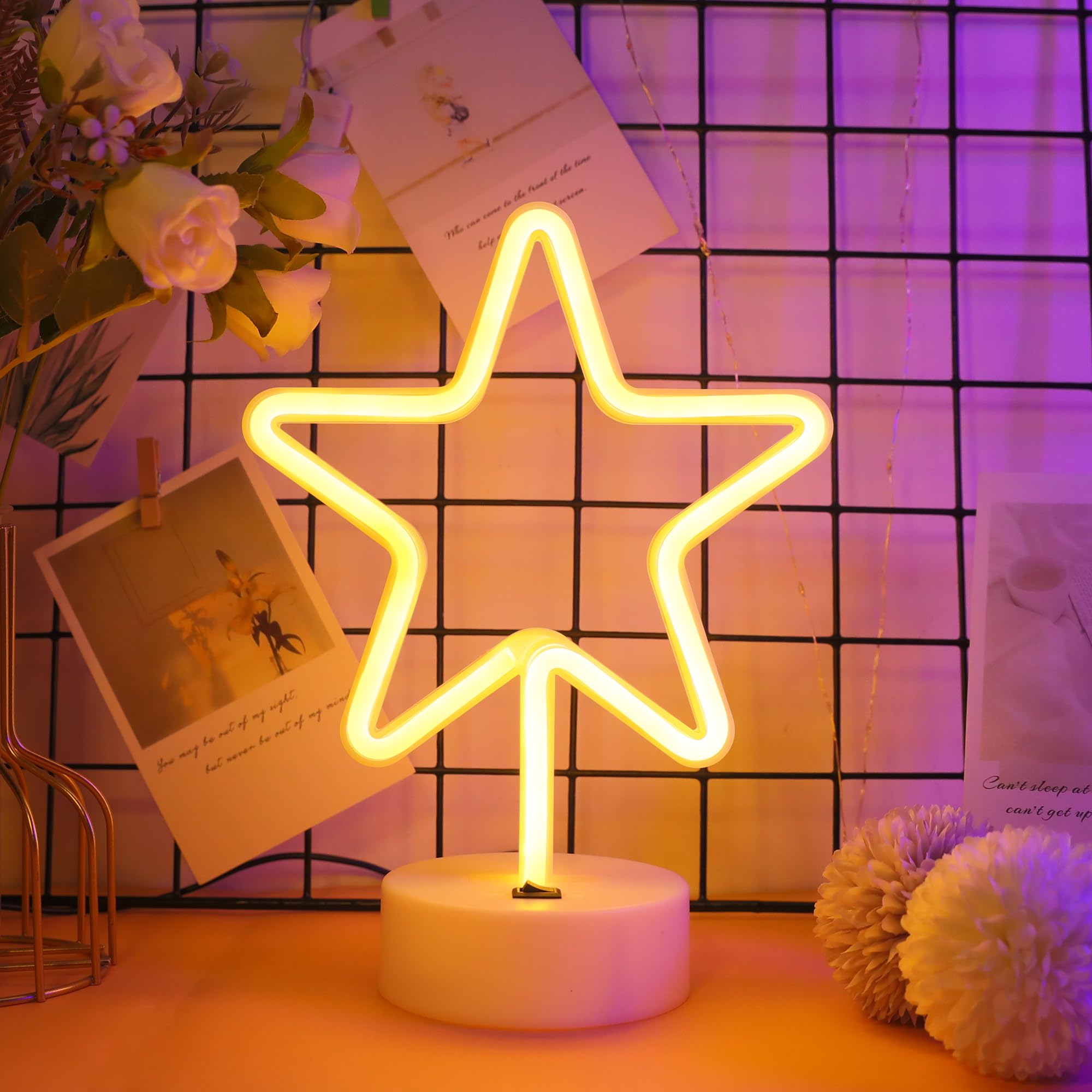 Enuoli Warm White Star Shaped Led Neon Light Lamp With Base Battery Operated Usb Powered Led Star Neon Sign Home Christmas Decor