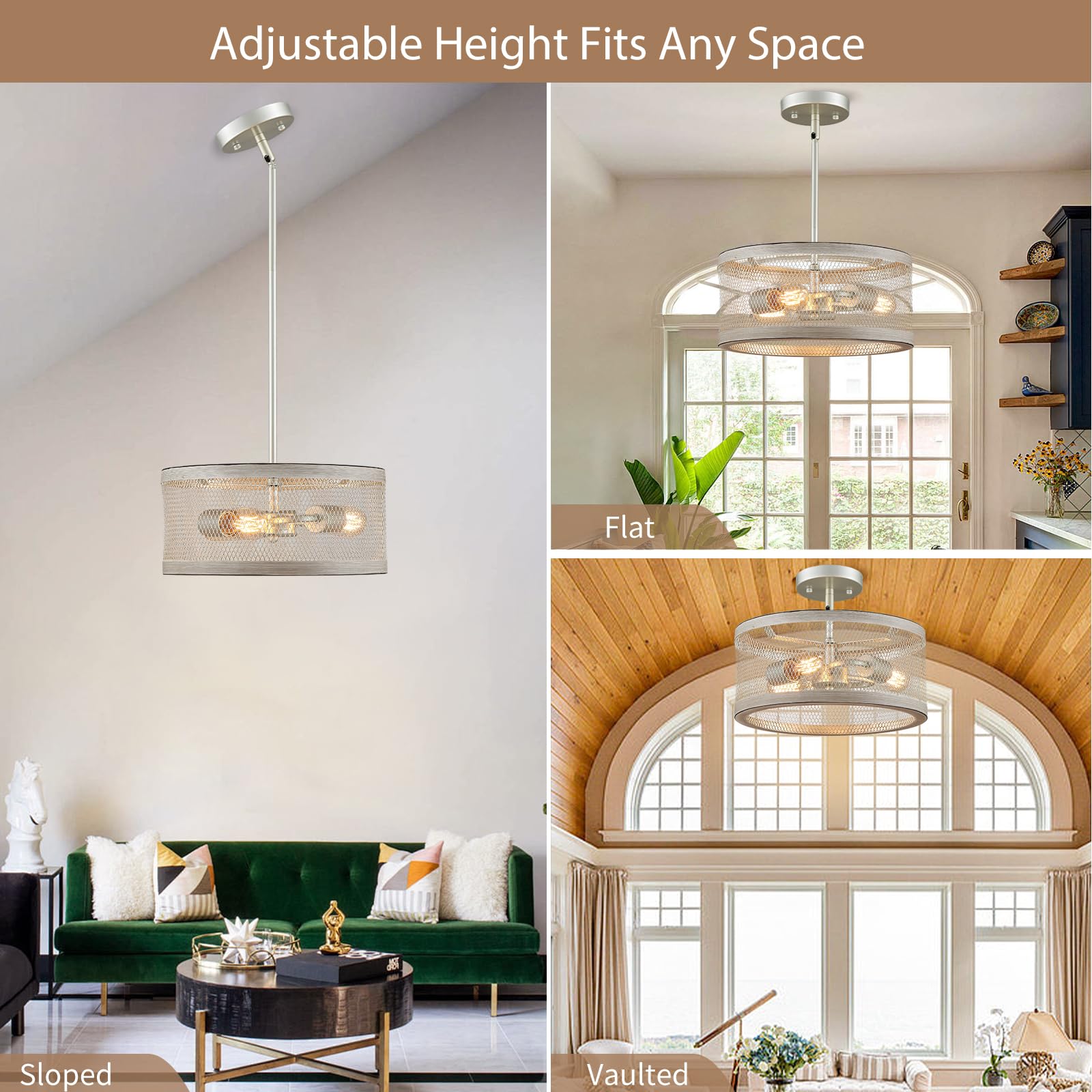peskoe Modern Farmhouse 22'' Drum Chandelier - Nickel Metal & Wood Grain Pendant Light for Dining Room, Living Room, Kitchen, Bedroom