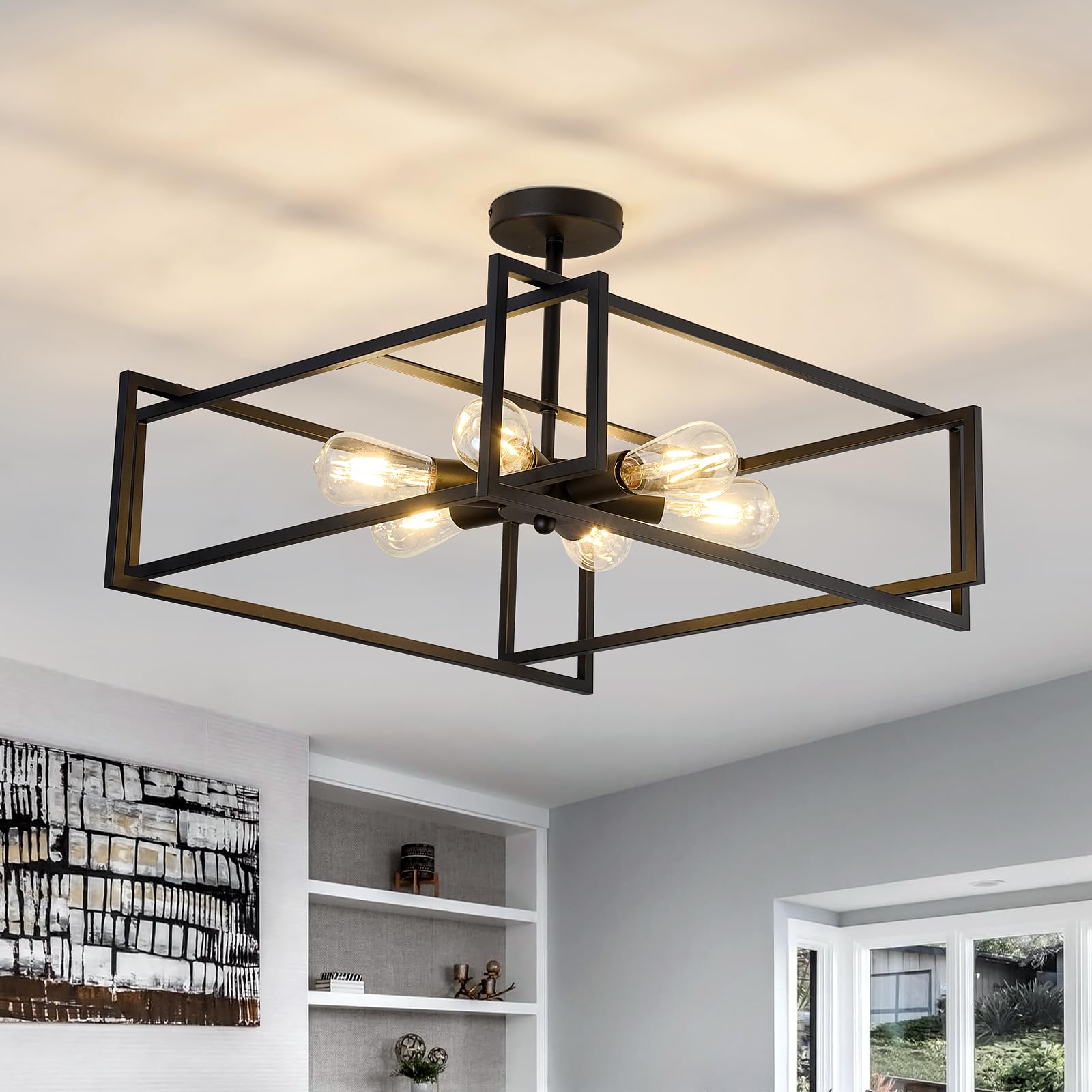 ZGLAOJT Industrial Flush Mount Ceiling Light, 6 Lights, 22.83 Inch, Iron, Black, Model F-1427, Farmhouse Chandelier for Kitchen and Dining Room