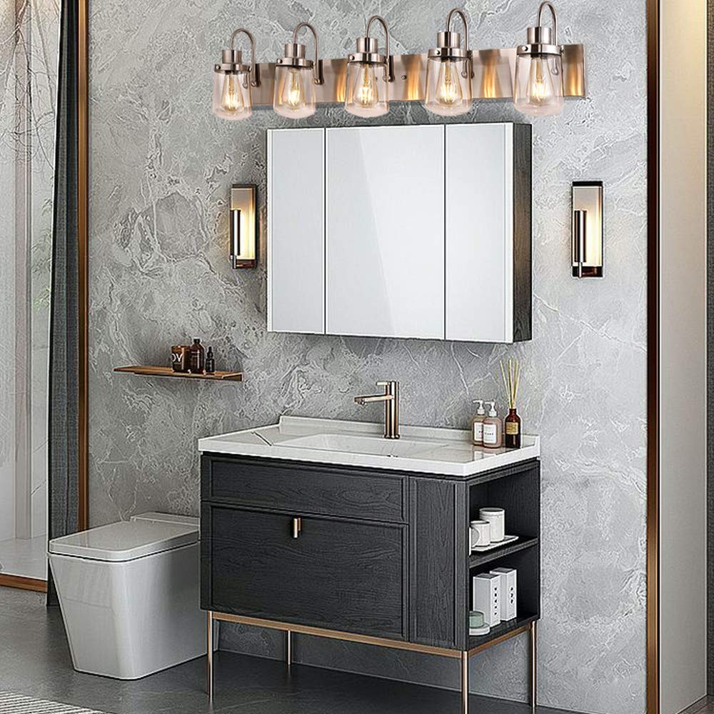 Yaohong 5-Light Modern Bathroom Vanity Light In Satin Nickel With Clear Glass Shades