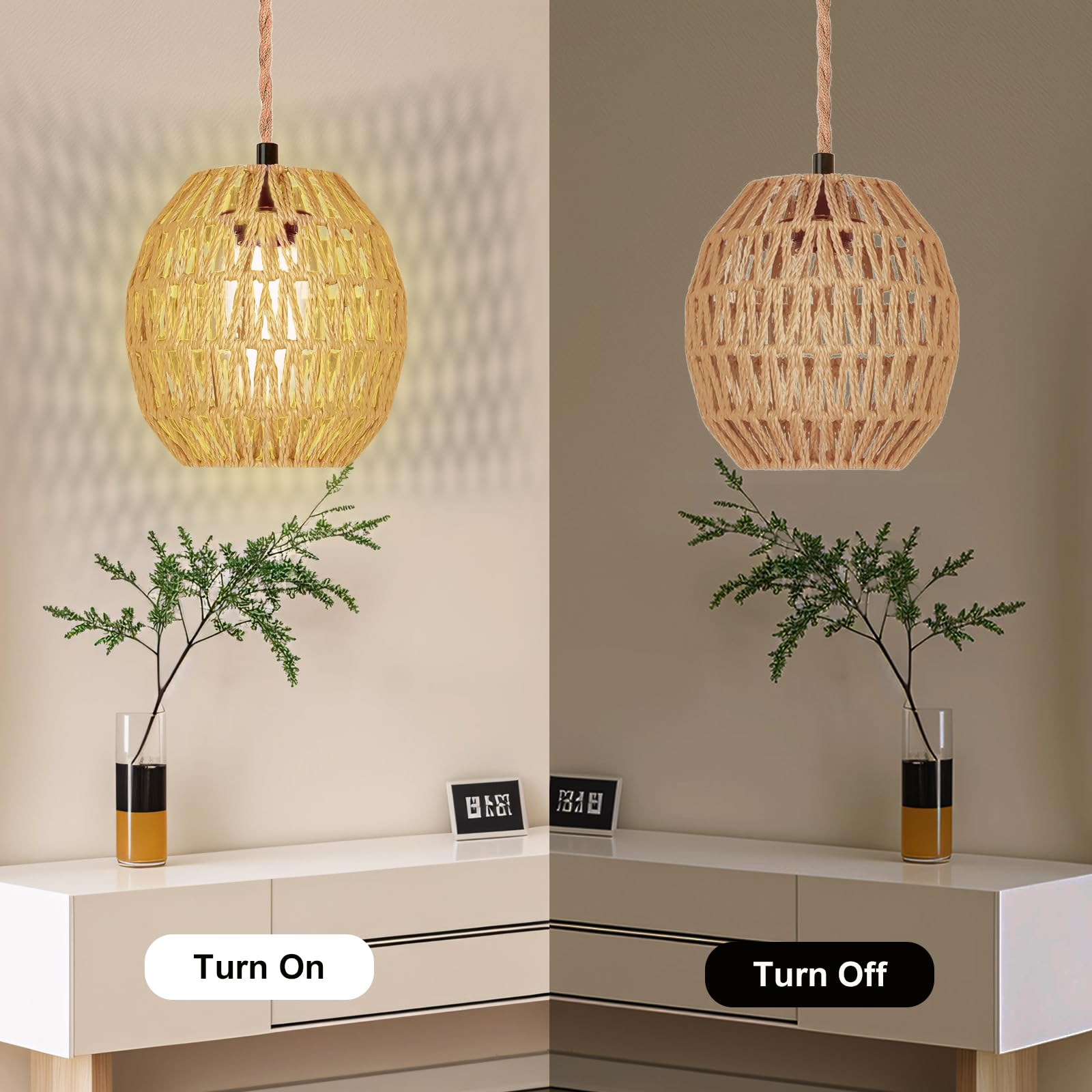 Maliralt Rattan Pendant Light, 7.3in Egg Shade, Plug-in with Cord and Switch, Brown, Model SL-TTDD-CA
