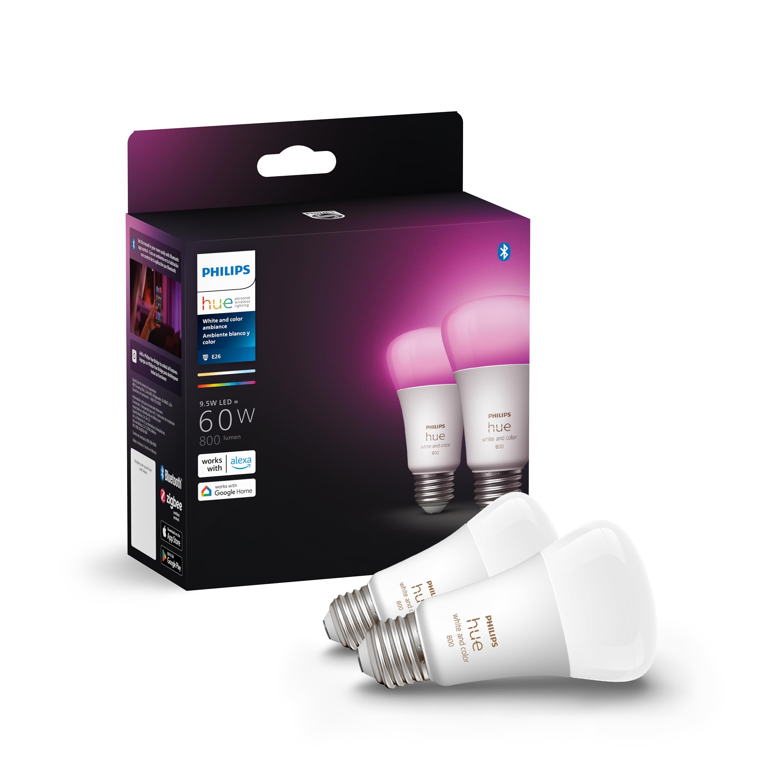 Philips Hue Smart 60W A19 Led Bulb - White And Color Ambiance Color-Changing Light - 2 Pack - 800Lm - E26 - Indoor - Control Wit