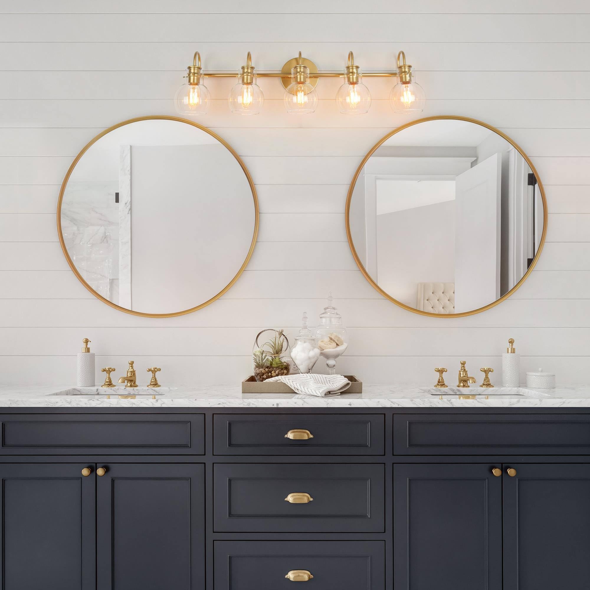 Ksana Bathroom Vanity Light, 5-Light Large Gold Wall Light Fixtures, Modern Vanity Lights Over Mirror With Globe Clear Glass Sha