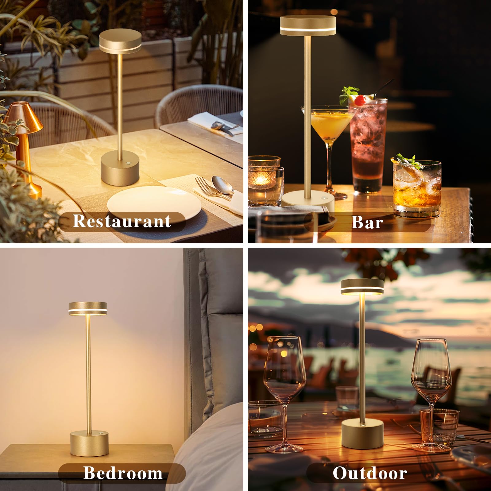 2 Pack Cordless Table Lamp Rechargeable, 3 Way Dimmable Touch Lamp & 5000Mah Long Battery Time, Portable Small Metal Light For R