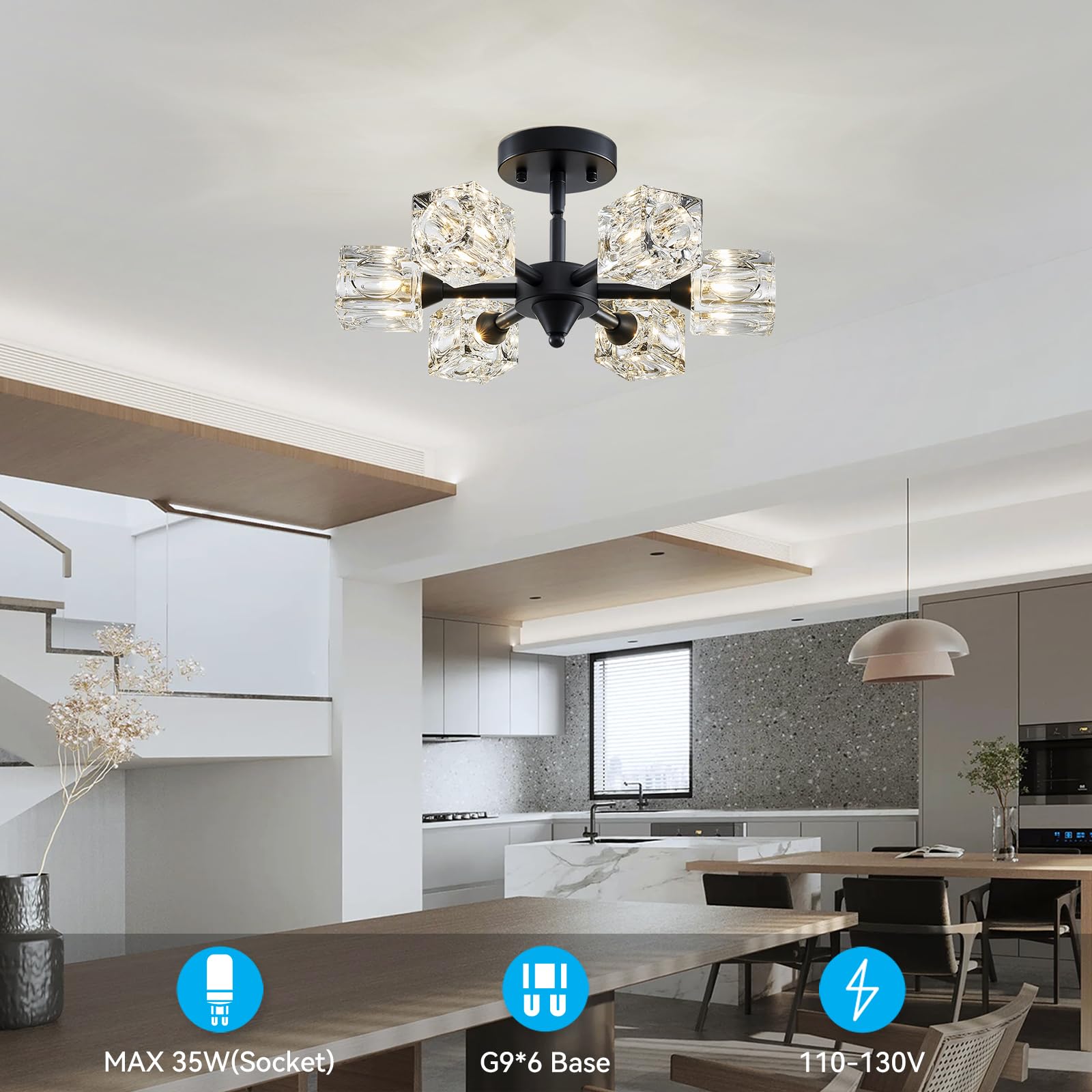 Xingqi Modern Sputnik Chandelier 6-Lights Black Ceiling Light Fixture Small Farmhouse Semi Flush Mount Ceiling Light Glass Indus