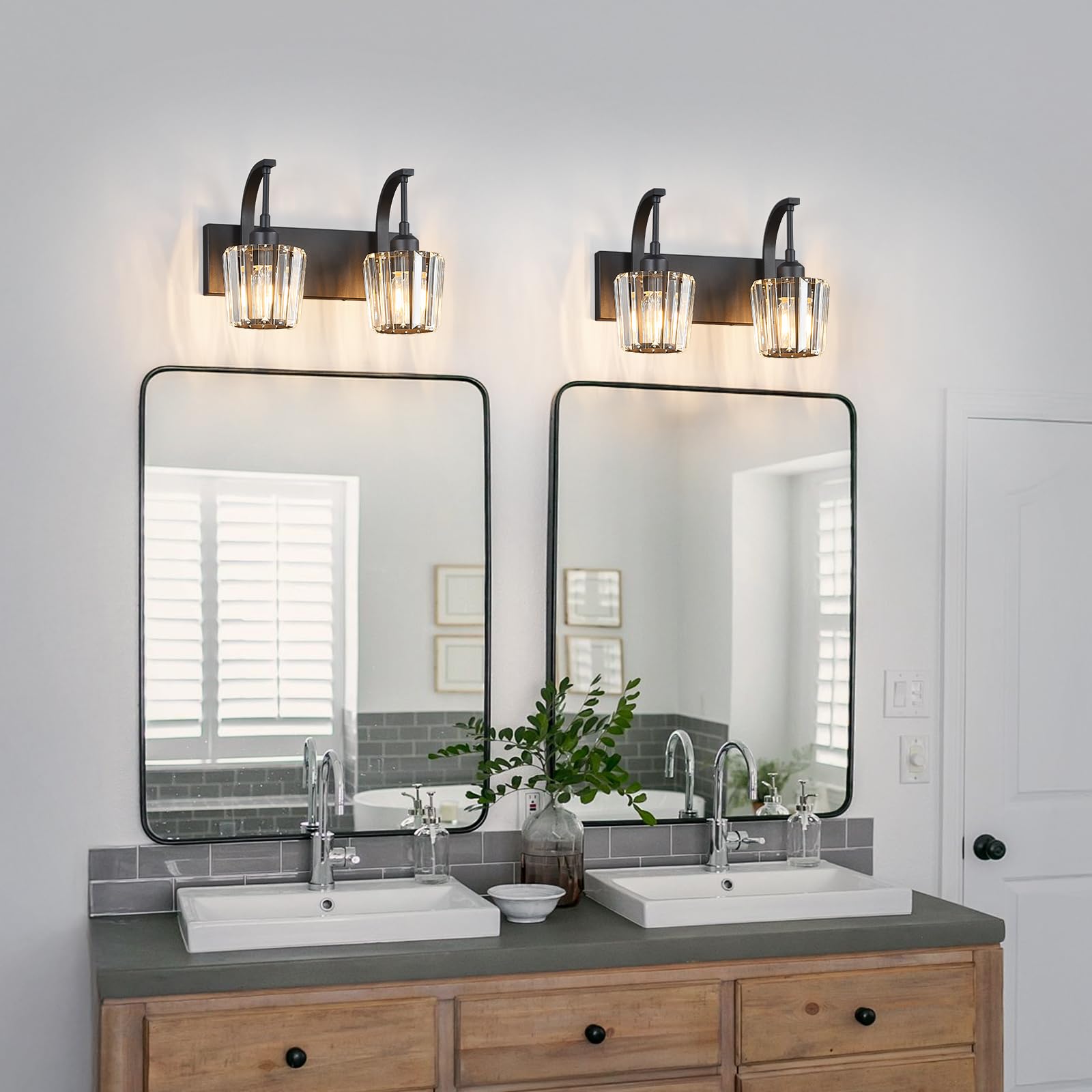Fdpby Modern Bathroom Vanity Light  2-Light Black Wall Sconce With Crystal Accents  Over Mirror Bathroom Lighting Fixture  13.77 Long Dimmable Vanity Lamp For Makeup  Easy Installation