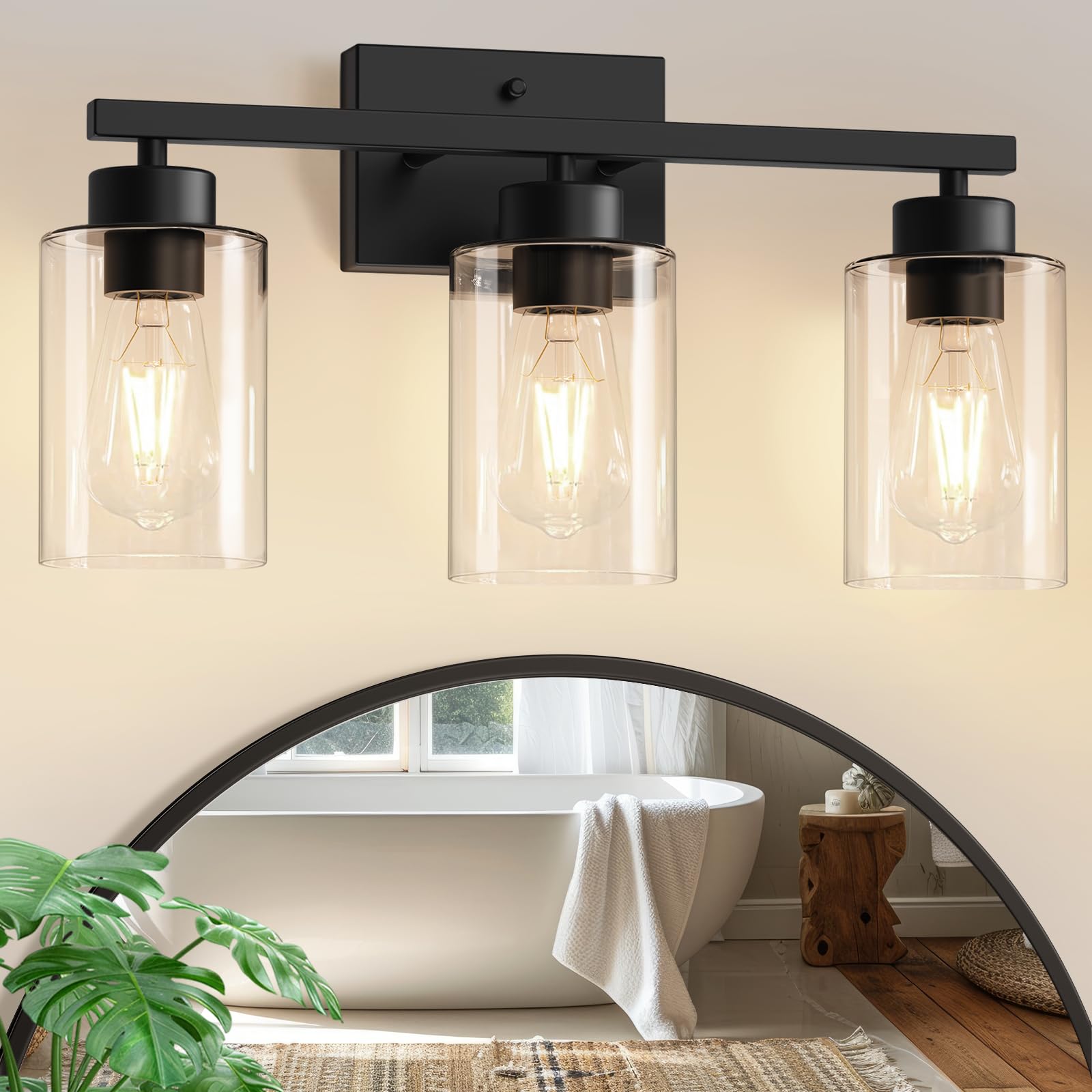 IZORRO Modern Bathroom Light Fixtures, 3 Light Black Vanity Lights, Bathroom Lighting Fixtures Over Mirror with Clear Glass for 
