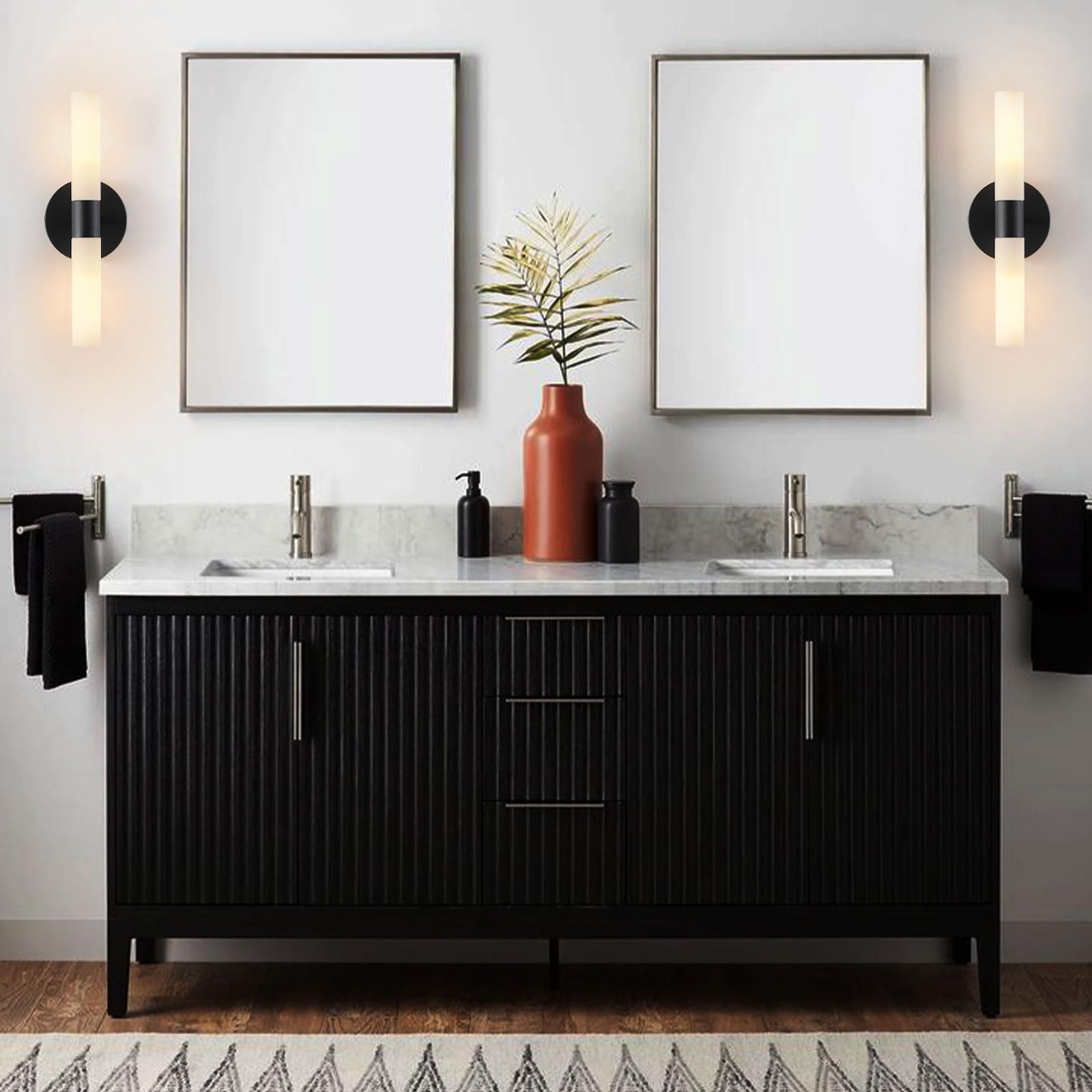 KUZZULL Wall Sconces Set of 2 Matte Black Metal Light Fixtures with White Glass Shade, 14in Modern Design for Bathroom and Living Room
