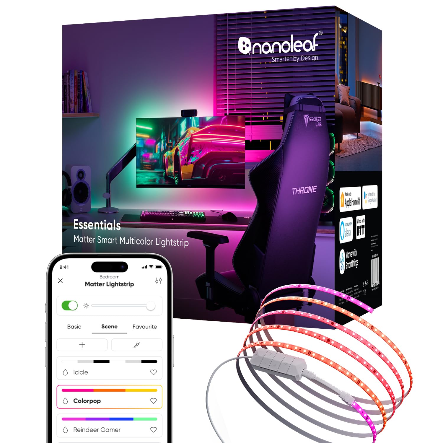 Nanoleaf Essentials Matter Bluetooth & WiFi Smart Multicolor LED Lightstrip 200'' (5m) - RGB & Whites, Controller, App & Voice C