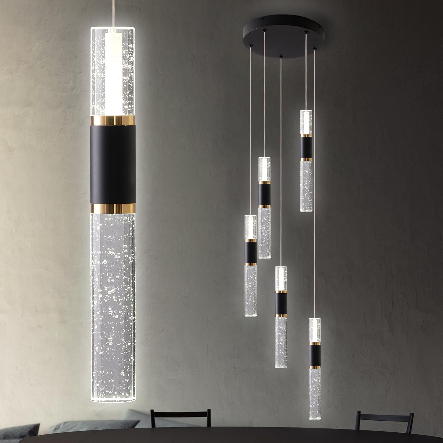 Embring 5-Light Modern Pendant Lights Kitchen Island Lighting Fixture,Dimmable Mordern Led Pendant Light With Remote,Black Gold Pendant Light Modern With Bubble Crystal Pendant Light