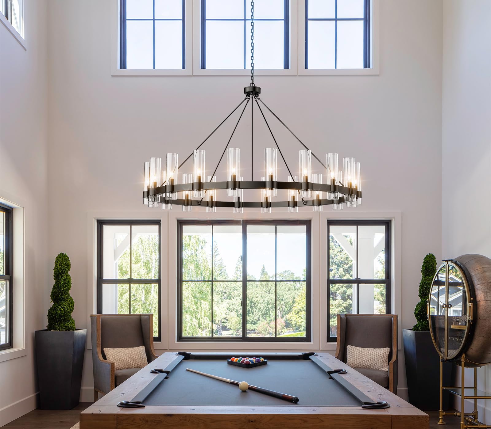 Yiosi Nickel Chandelier,20-Light Wagon Wheel Chandelier With Glass Shade, 60 Inch Large Round Industrial High Ceilings Pendant L
