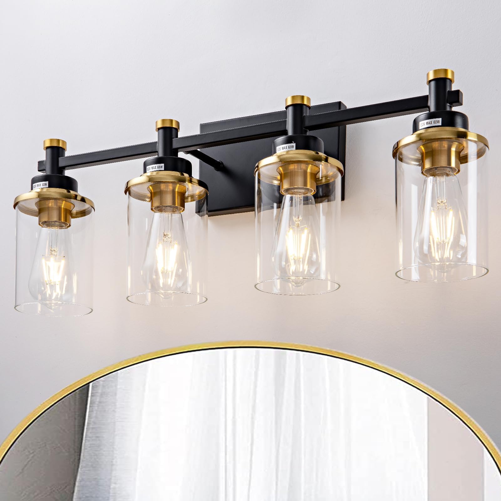 Aixialin 4 Light Bathroom Vanity Light, Modern Black And Gold Vanity Lights For Bathroom Over Mirror, Vintage Sconce Wall Lighti
