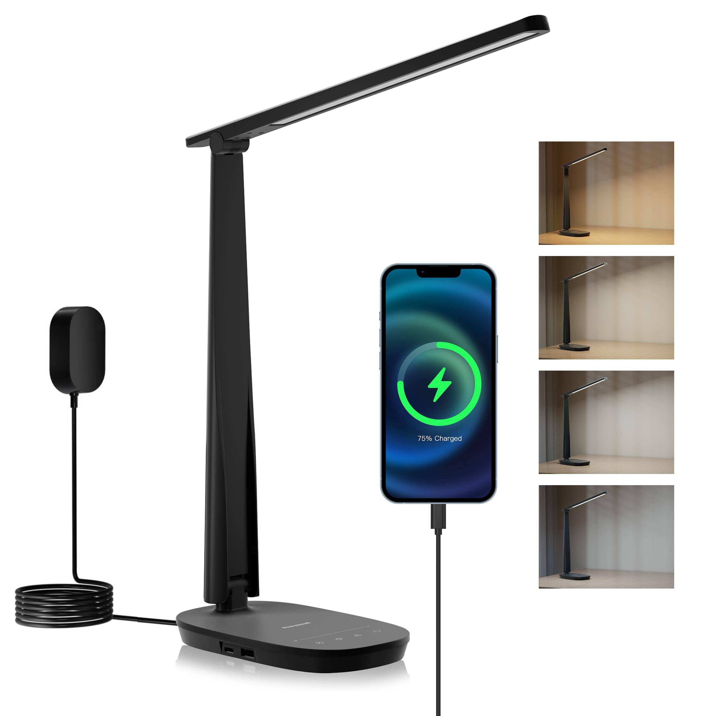 Honeywell LED Desk Lamp HWT-H2B, Dimmable, USB A+C Ports, Eye-Caring, Foldable, 4 Color Modes, Black