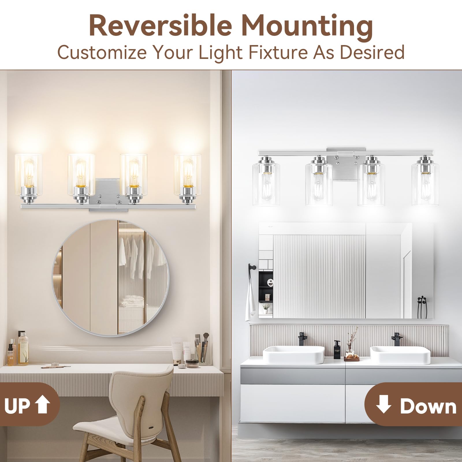 VerRon 4-Light Bathroom Light Fixture, Brushed Nickel, Metal, Model B27002PB, Modern Vanity Lights with Clear Glass Shades