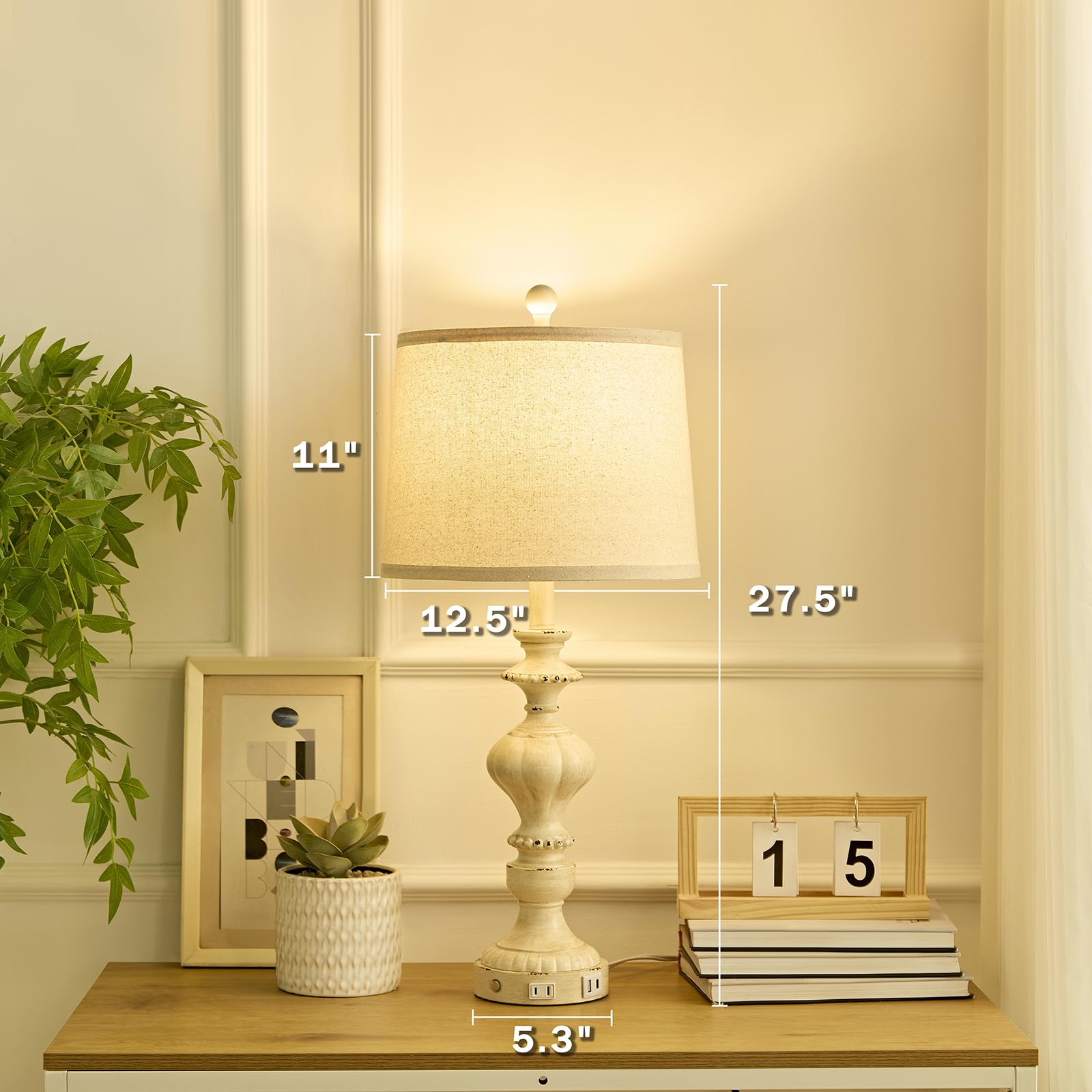 SAIWEYA 27.5" Farmhouse Touch Table Lamps Set of 2, USB C+A Ports, 3-Way Dimmable, White Washed, Medium Size