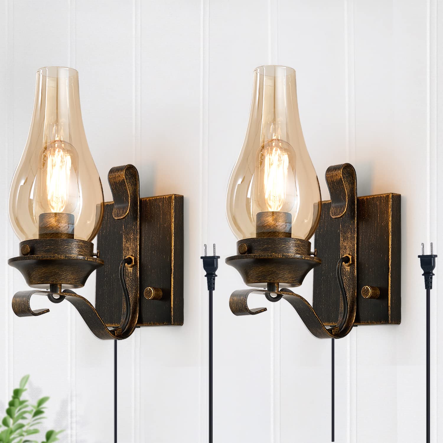Yisuro Oil Rubbed Bronze Wall Sconces Set Of 2 With Amber Glass - Vintage Rustic Lighting