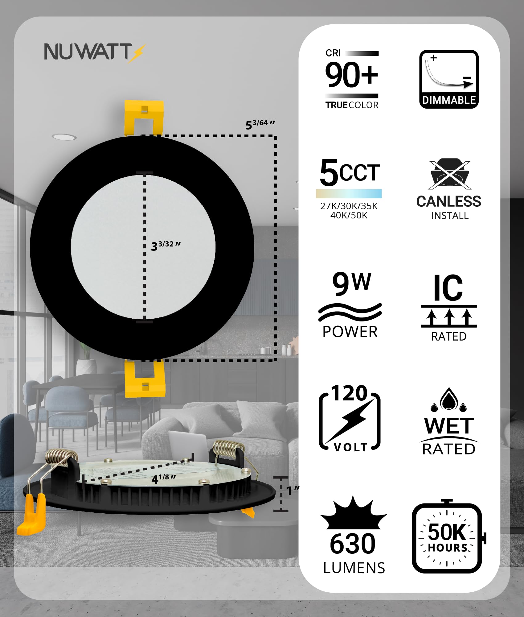 Nuwatt 12 Pack, 4 Inch Recessed Lighting Led, Selectable Cct 2700K/3000K/3500K/4000K/5000K, 630Lm, 9W, Ic Rated, Dimmable, Canle
