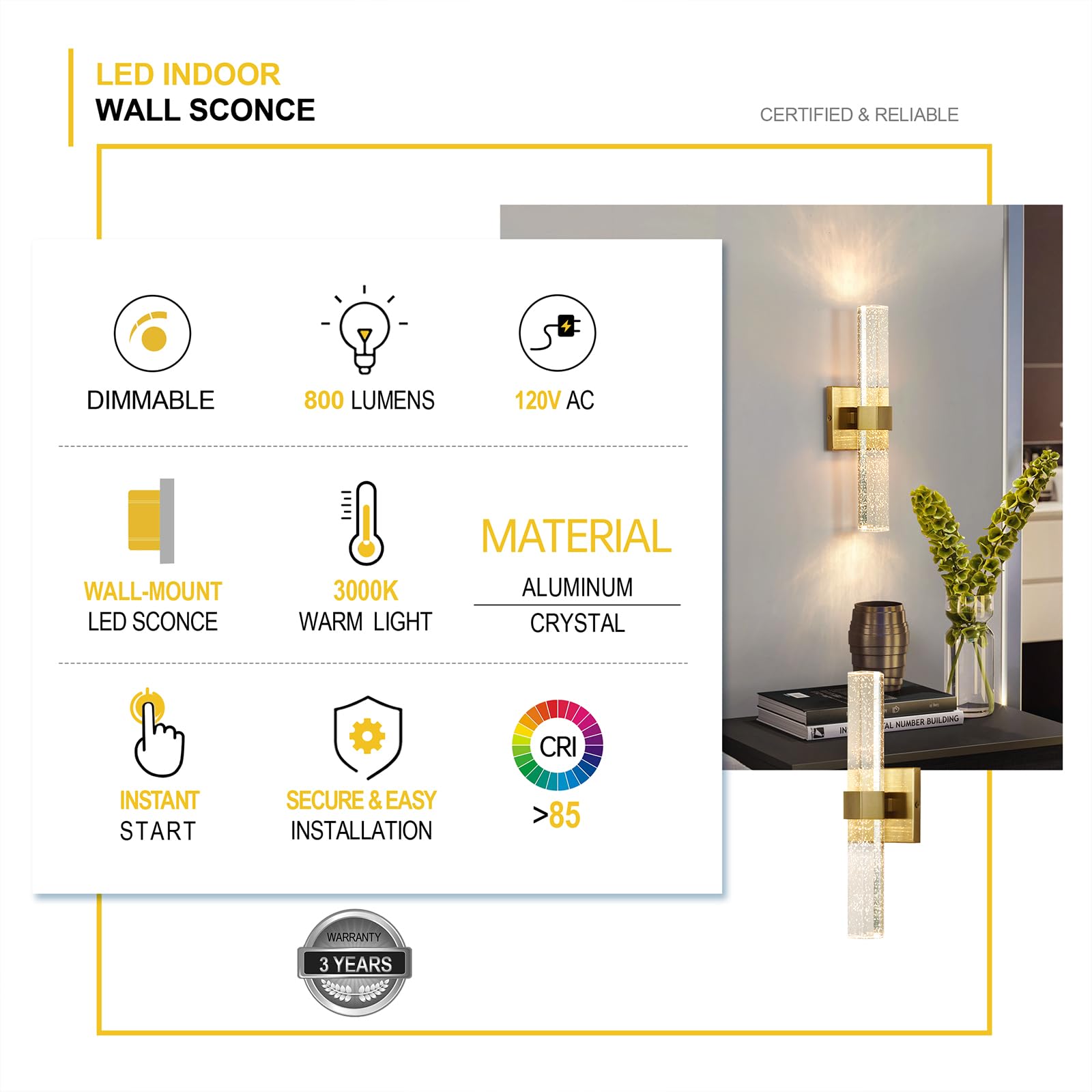 Epinl Wall Sconces Set Of Two - Gold Sconces Wall Lighting 14W Dimmable Led Crystal Bathroom Light Fixture With Bubble Glass 15.