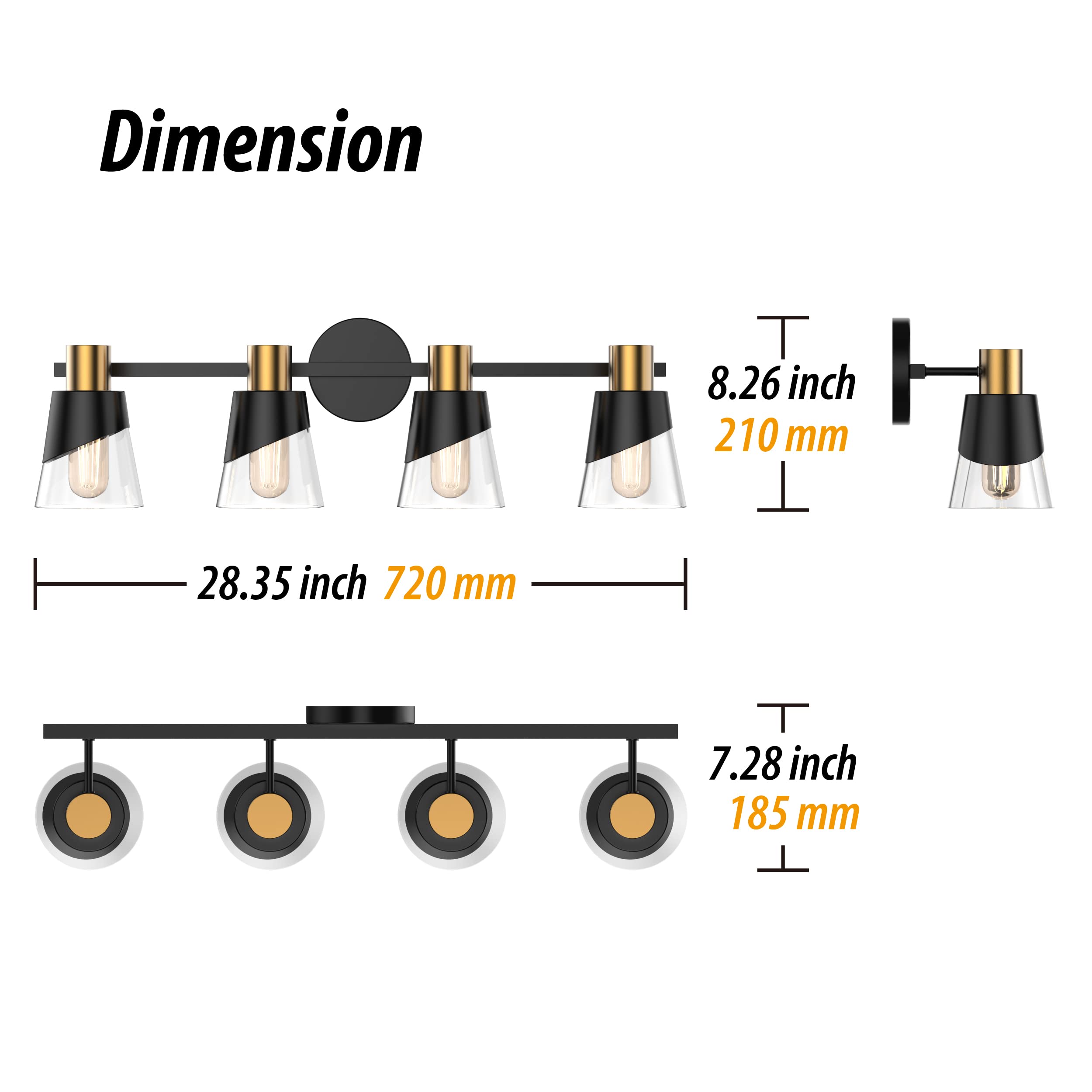 Ursola Bathroom Light Fixtures, 4 Lights Bathroom Lighting Fixtures Over Mirror, 28.34 Inch Black And Gold Design With Bevelled Edge And Clear Glass Shade Wall Lamp