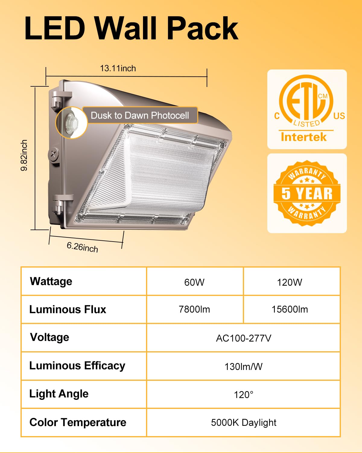 Jc-Lgl Led Wall Pack Light 120W 15600Lm With Dusk To Dawn Photocell, 5000K Daylight Wall Pack Outdoor Light Repalces 600W Hps/Hid Light, Ip65 Waterproof For Stadium, Yard, Buildings, Parking Lots