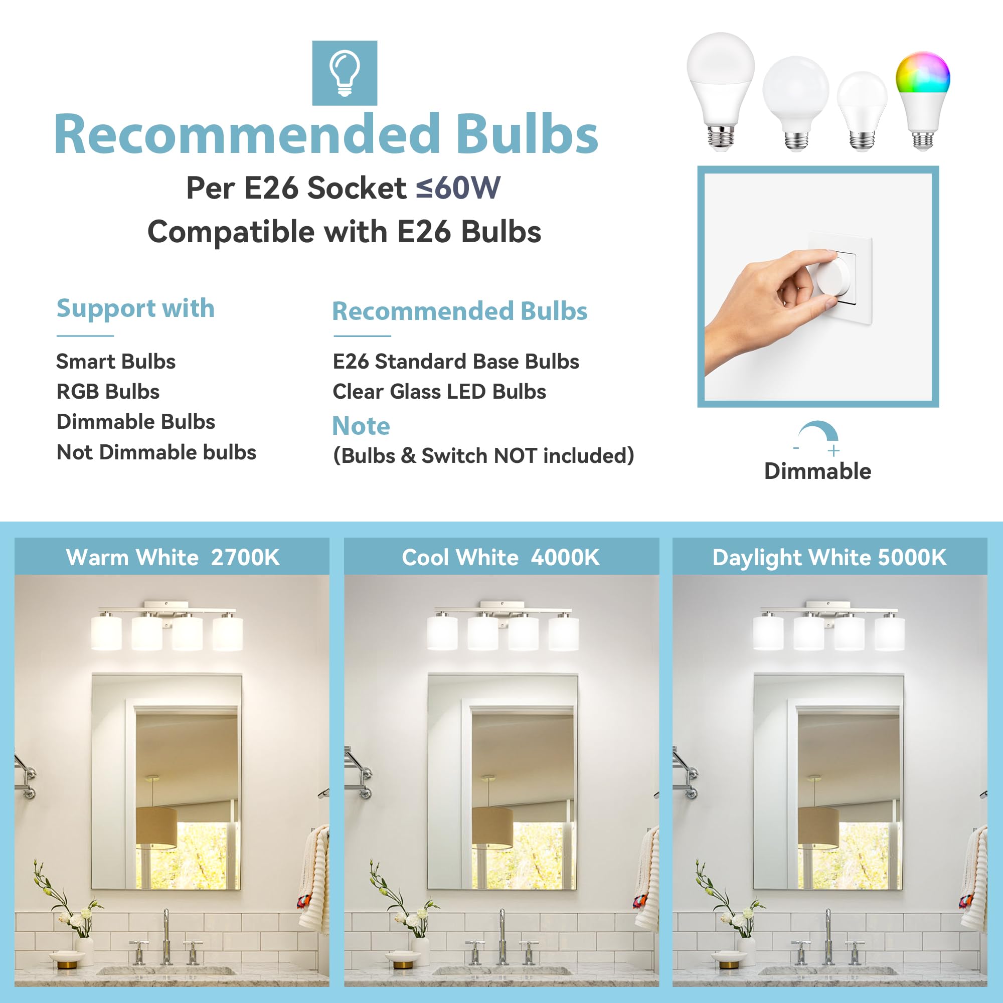 Honesorn 4-Light Bathroom Vanity Light Fixtures Brushed Nickel Modern Design with Frosted Shade E26 Base Model TK-JQD-MS-YS-4