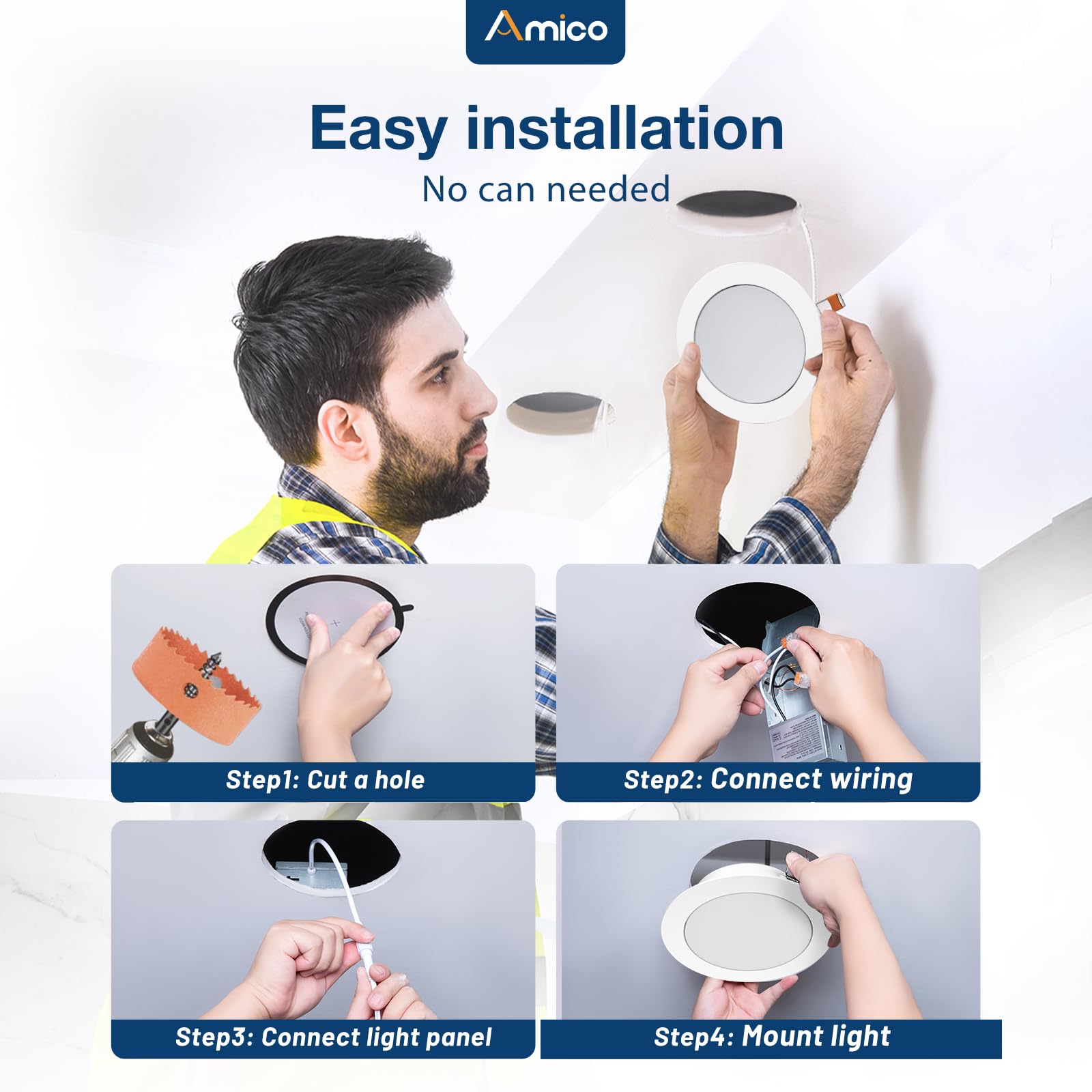 Amico 12 Pack 6 Inch Gimbal LED Recessed Lighting, 15W, 1100LM, Adjustable 2700K-5000K, White, Model 0175