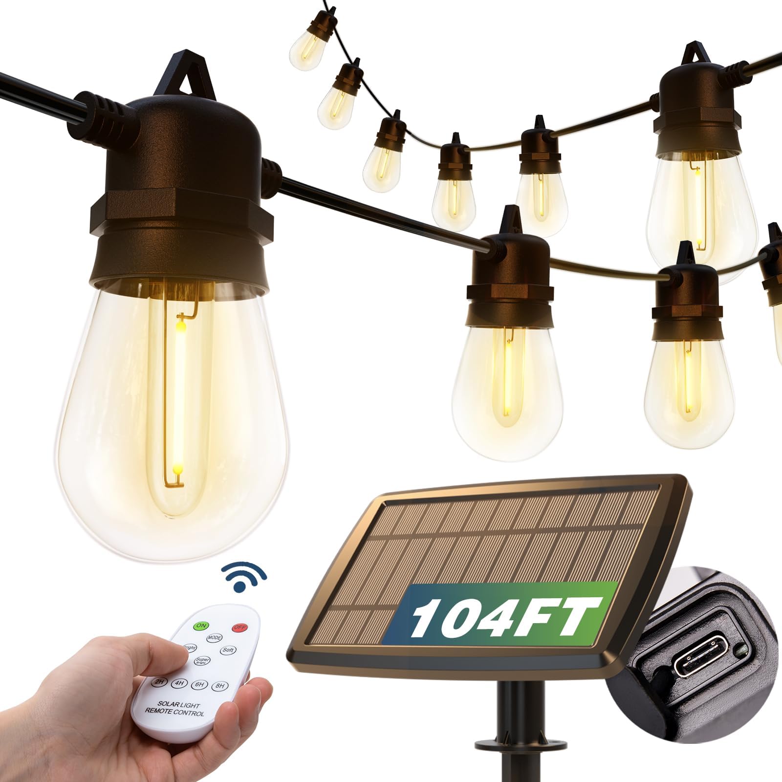 addlon Solar String Lights 104FT with USB Port & Remote Control, 34 LED Dimmable Bulbs, Black, Waterproof for Patio, Garden, Deck