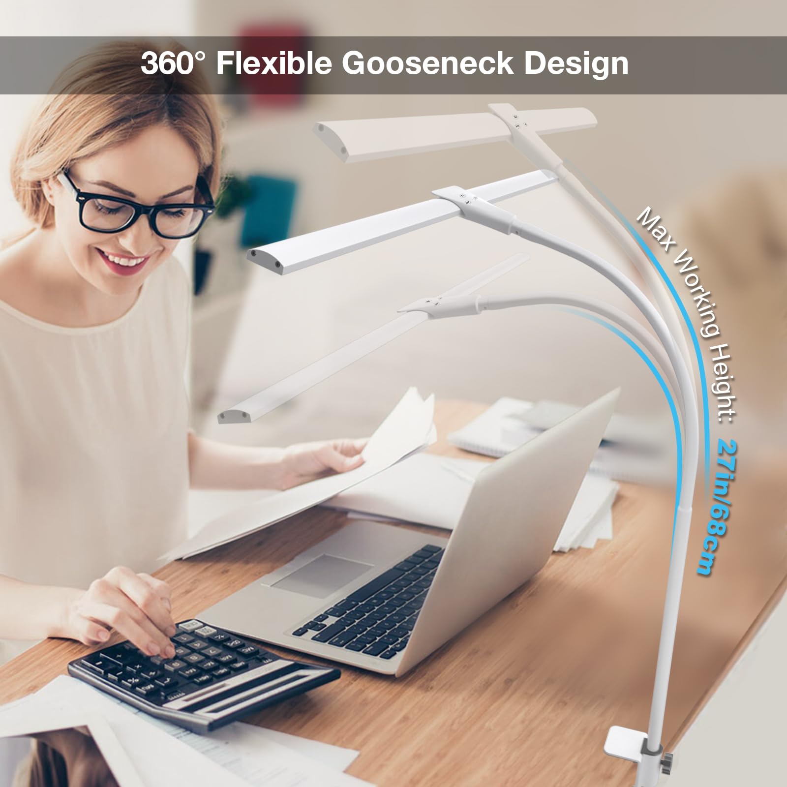 Led Desk Lamp, Double Head Desk Lamps For Home Office, Dimmable 25 Lighting Modes Bright Desk Lighting,12W 1400Lm Eye-Caring Architect Table Lamp For Workbench Monitor Reading Study, White