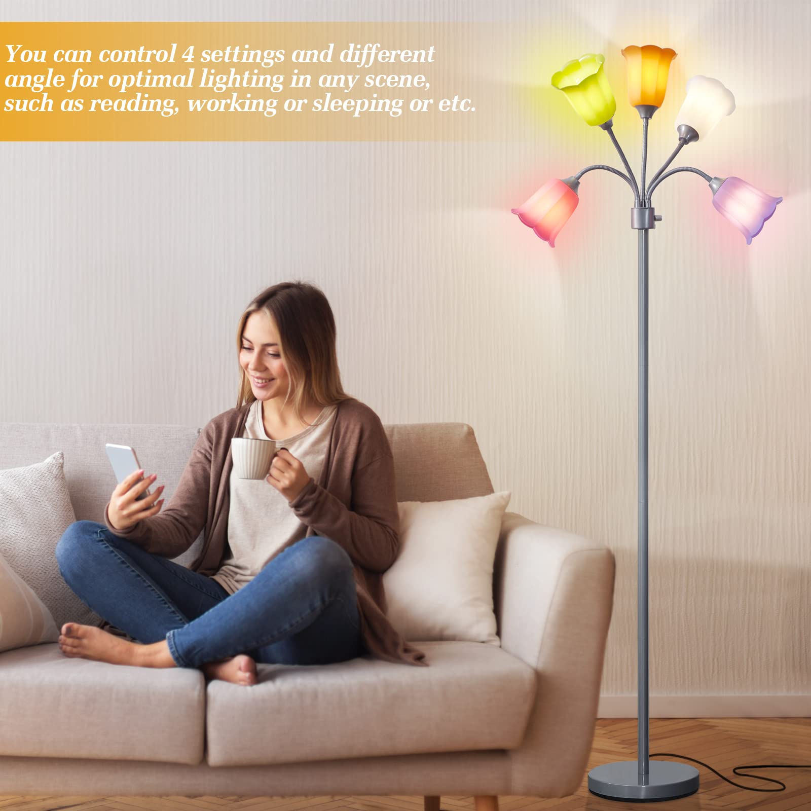 GyroVu Medusa LED Floor Lamp - Multi-Head Gooseneck Design, Silver with 6 Color Shades, Modern Tall Light for Living Room & Office