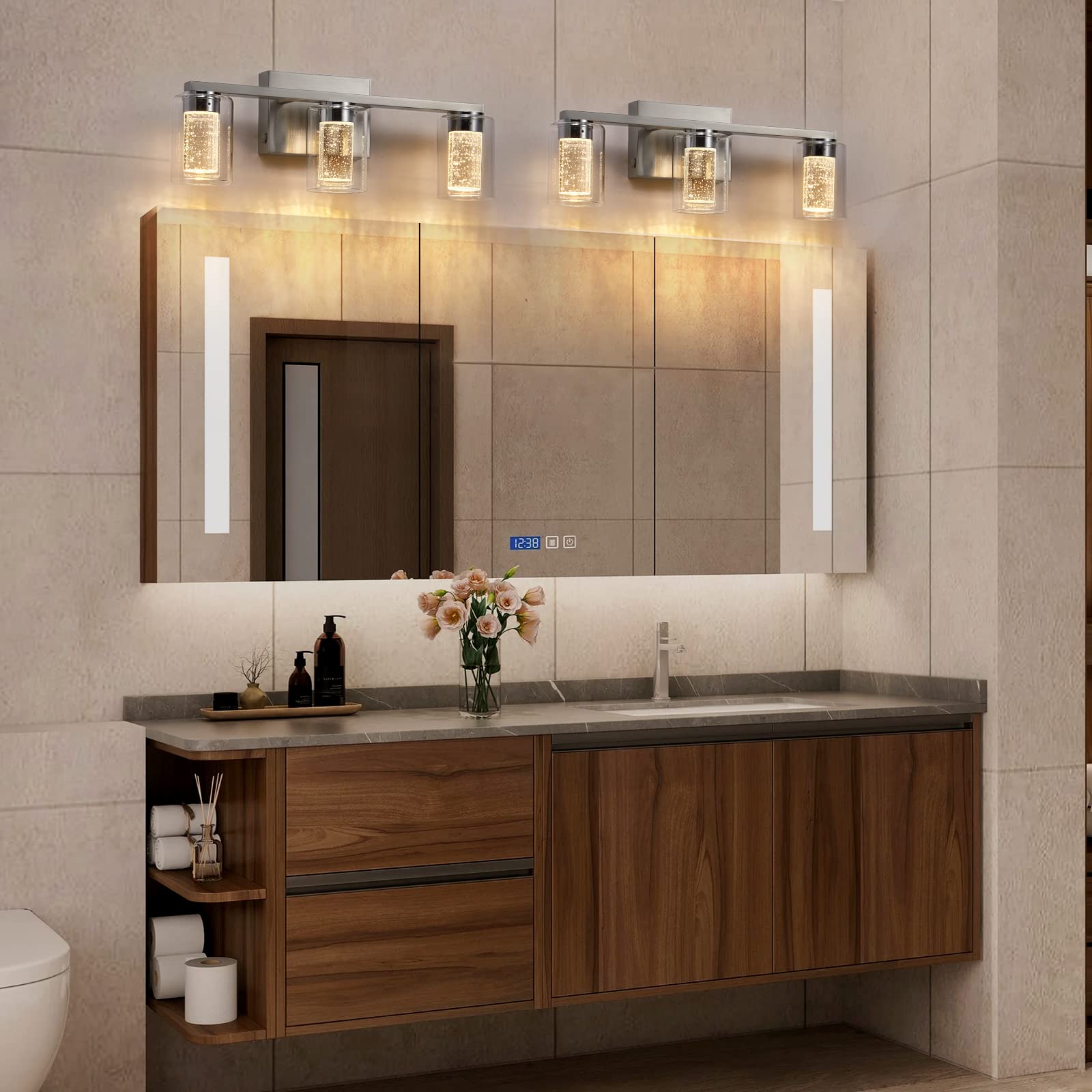 Stambord Bathroom Vanity Light Fixture, 3-Light Brushed Nickel, Dimmable LED with Crystal Bubble & Clear Glass