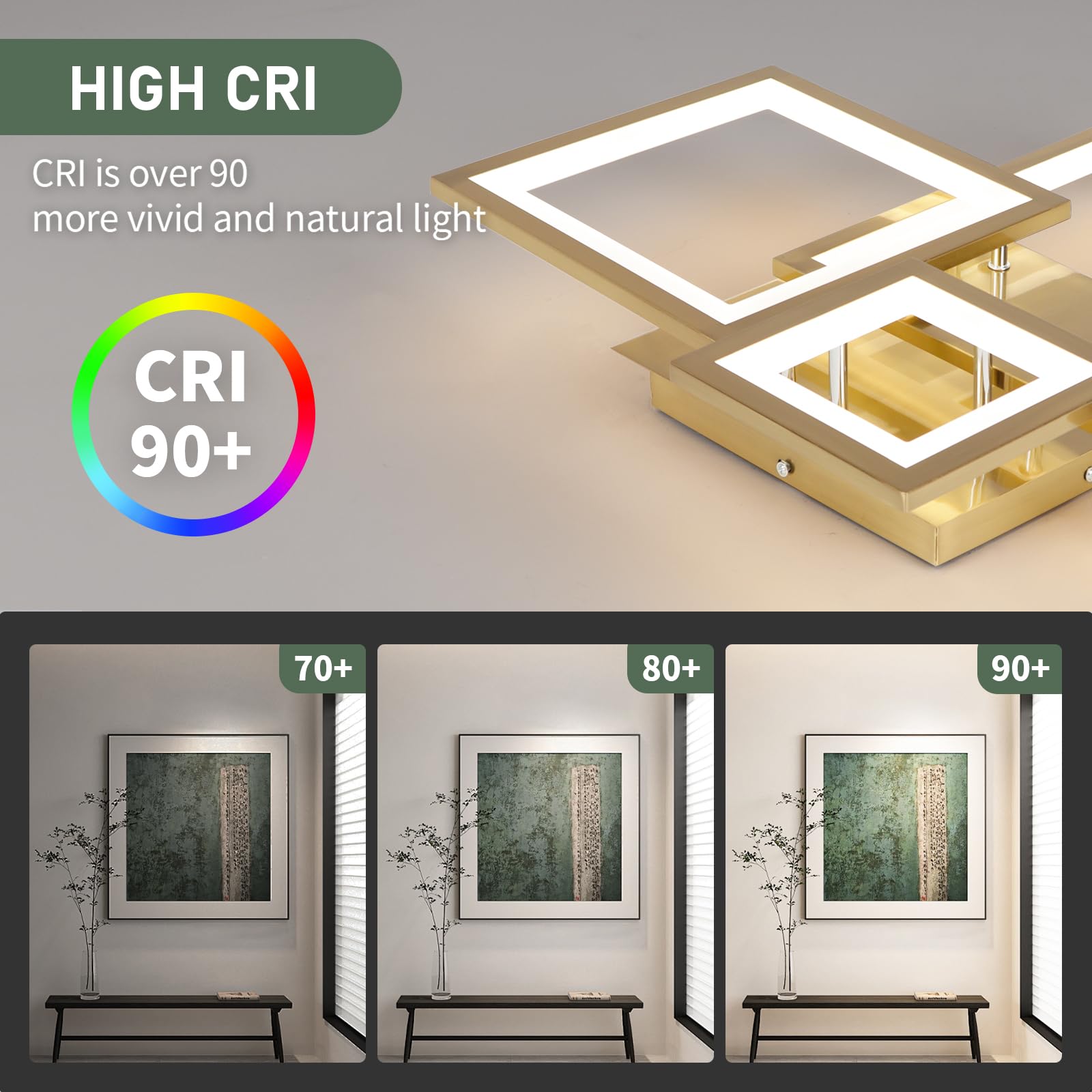 Hlilceh Modern Gold Led Ceiling Light 3-Square Design 3000K-6500K Dimmable Led Ceiling Light With Remote 33W Acrylic Ceiling Lig