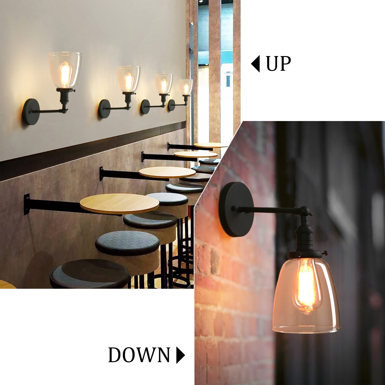 Pathson Vintage Wall Sconce, Black Glass Shade, Indoor Lighting Fixture, On/Off Switch, Model XLYT010-H