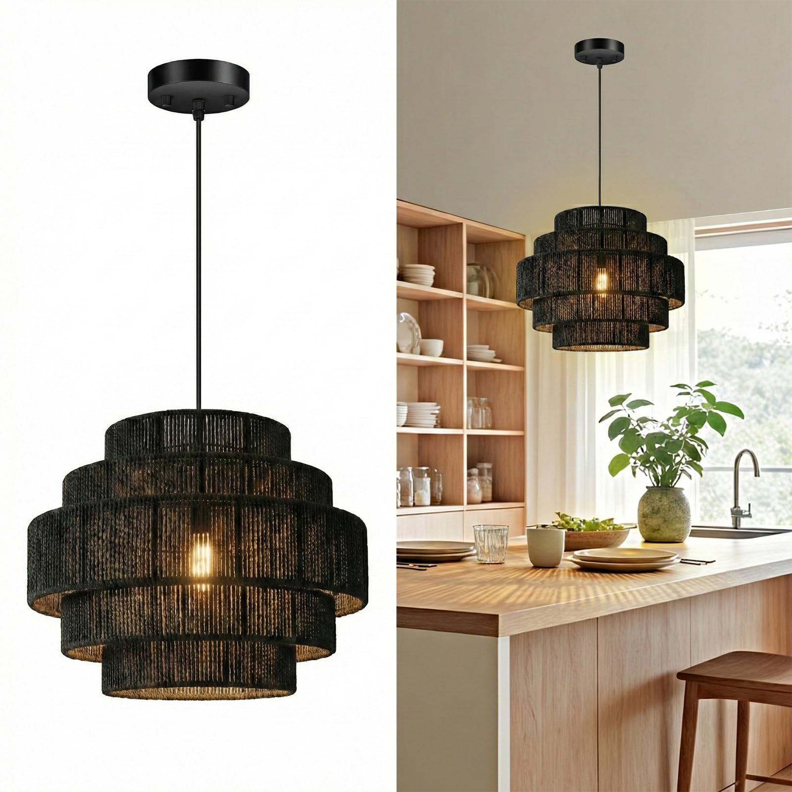 AUQUEE 5-Tier Ratten Pendant Light, 13 Paper Rope Hand-Woven Chandelier, Black Adjustable Modern Farmhouse Hanging Ceiling Light