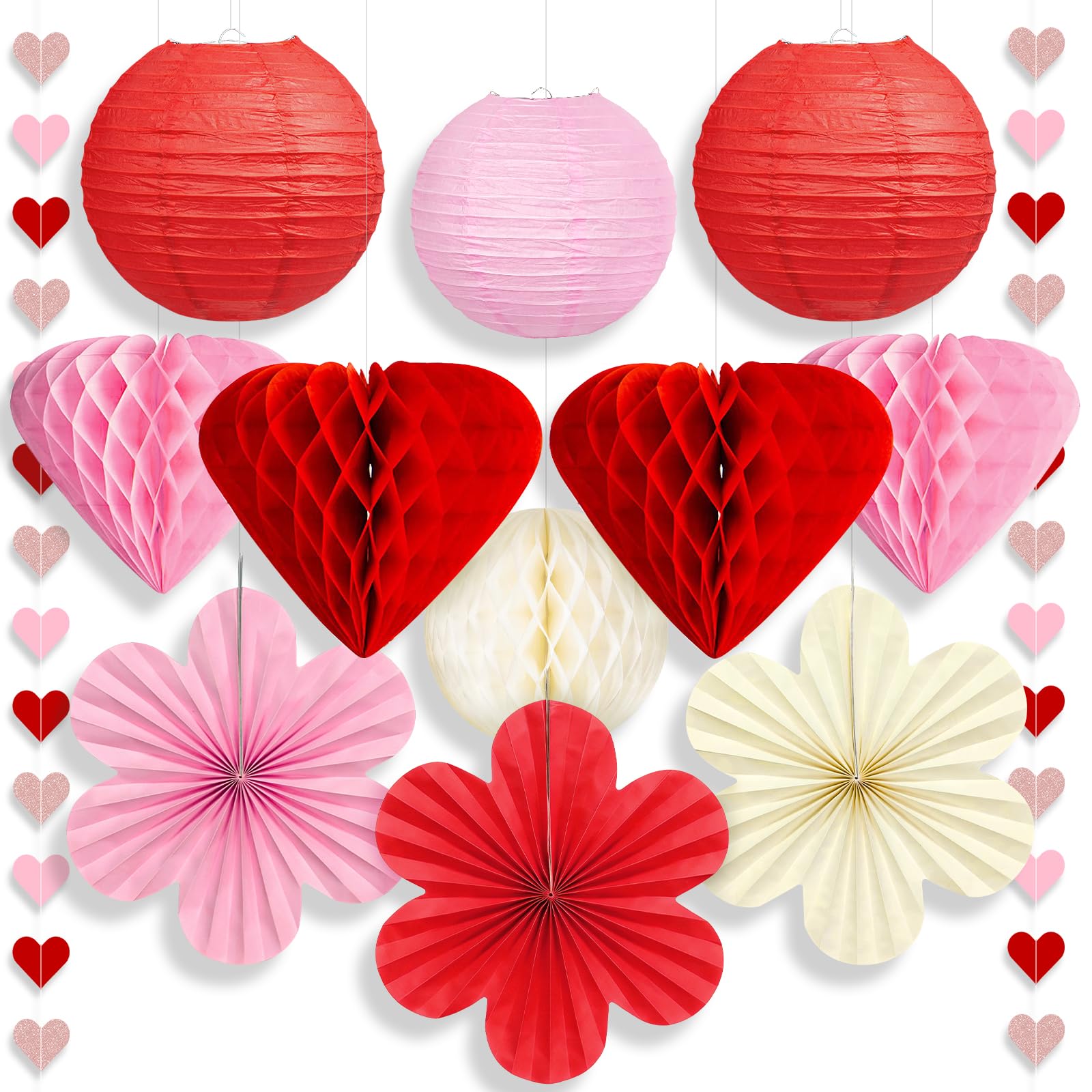 Hanging Valentines Decorations for Ceiling - 12 Pcs Valentines Day Hanging Decor with Honeycomb Hearts  Paper Fans & Lanterns - Vibrant Valentine Day Decorations for Office   Home & Classroom