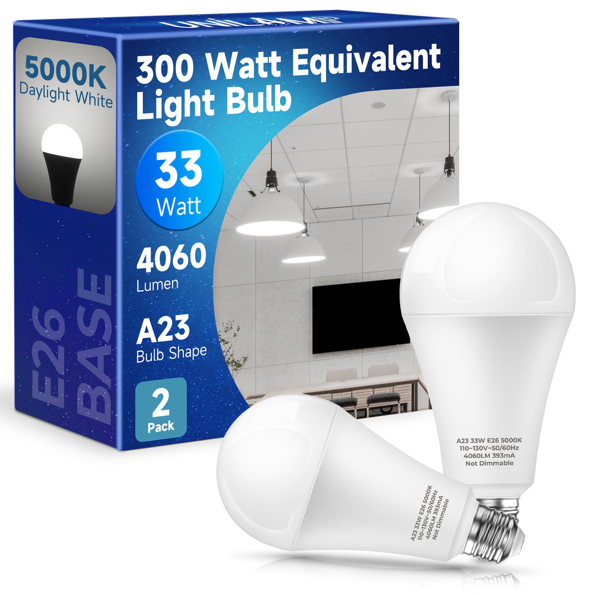 Unilamp 300 Watt Equivalent Light Bulb, 33W Led Light Bulb E26 Daylight 5000K, Super Bright 4060Lm, A23 Led Edison Screw Bulb Fo